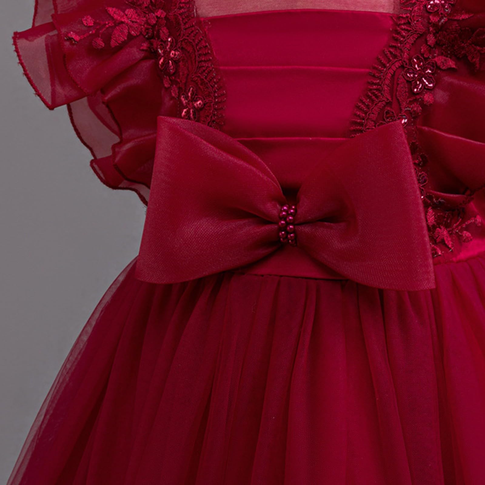Abito da principessa per ragazze, in tulle, con fiocco, per feste di compleanno, formali, balli studenteschi, matrimoni, damigelle d'onore, concorso, maniche a volant, abiti car