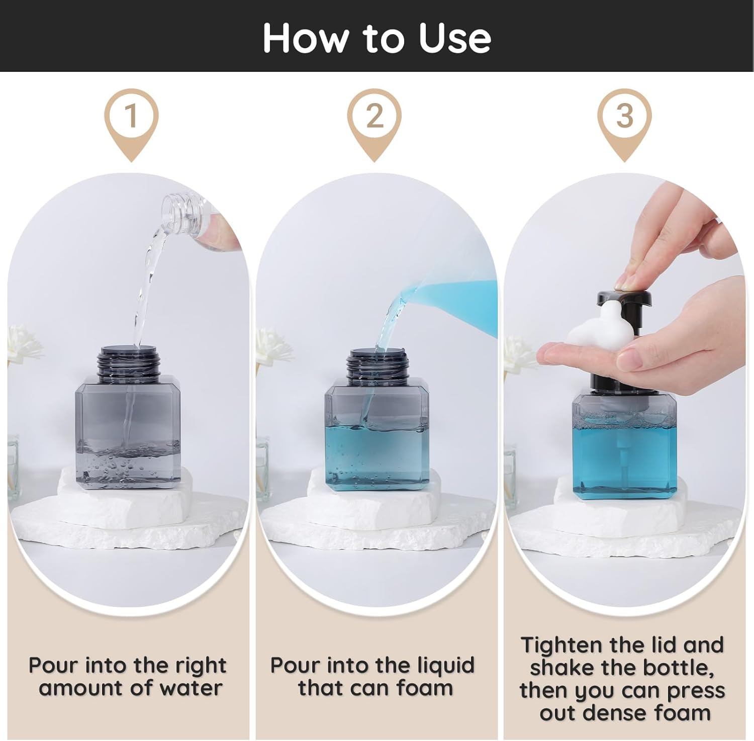 Segbeauty Square Foaming Soap Dispenser Bathroom, 2pcs 8.5oz Gray Foam Soap Dispenser for Kitchen Sink, 250ml Small Plastic Foam Bottle with Waterproof Labels, Foaming Bottle Set for Shampoo Face Wash - Image 5