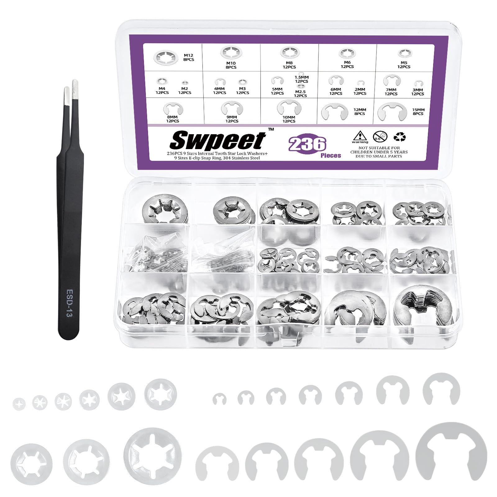 Swpeet 236Pcs 304 Stainless Steel E-Clip and Internal Tooth Lock Washers with Tweezers Assortment Kit