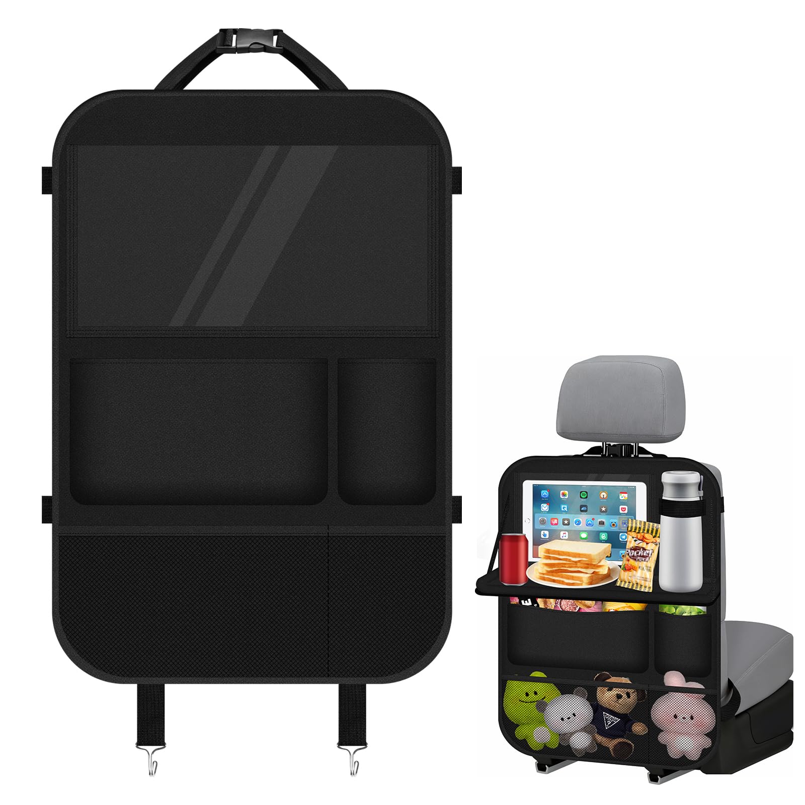 Behiruch Multifunktional Autositz Organizer, Auto Organizer Kinder mit Klapptisch, Wasserdichter Rückenlehnenschutz mit Tablet/Telefon Aufbewahrung für die meisten Fahrzeuge (Schwarz)