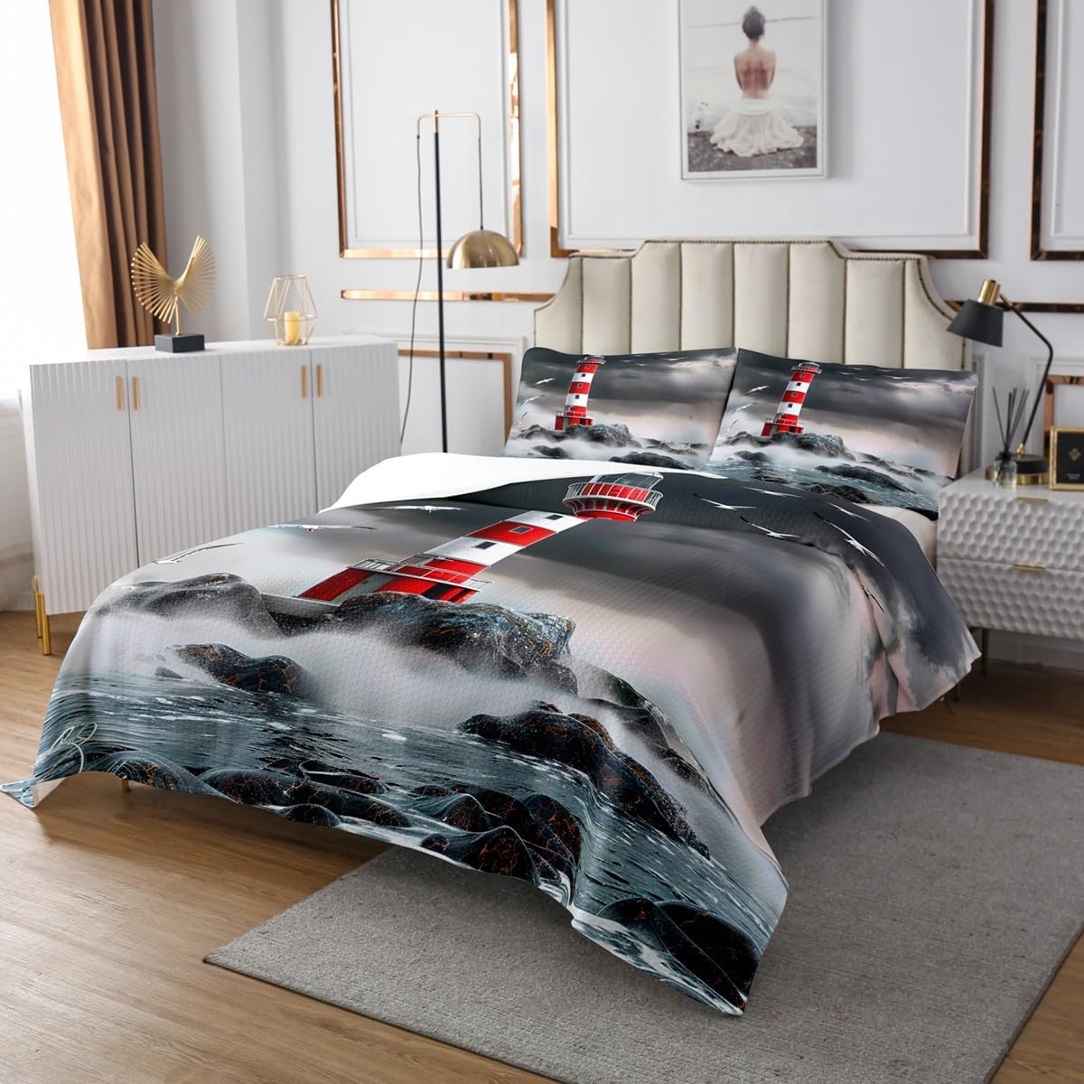 3D Lighthouse Lightweight Quilt Set for Kids Teens,Seagull Print Bedspread Coverlet,Nautical Bed Cover Ocean Theme Bedding Set Decorative Quilted 2 Piece Coverlet Set with 1 Pillow Sham,Twin Size