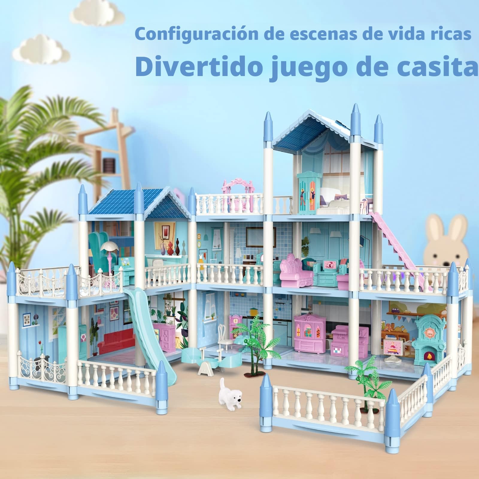 deAO Casa de Muñecas Villa para Niñas, 3 Pisos Casa de Muñecas de Ensueño con Muebles y Toboganes, Escaleras, Vallas, Perro Muñeco, Princess Castle Playset, Regalo para Niñas de 6+ Años (Azul)