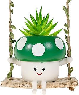 Swing Mushroom Flower Pot, Cute Smile Face Hanging Planter Gift Set, with Drainage Hole, for Indoor Outdoor Home Garden Pearl Plant & Succulents(Green)