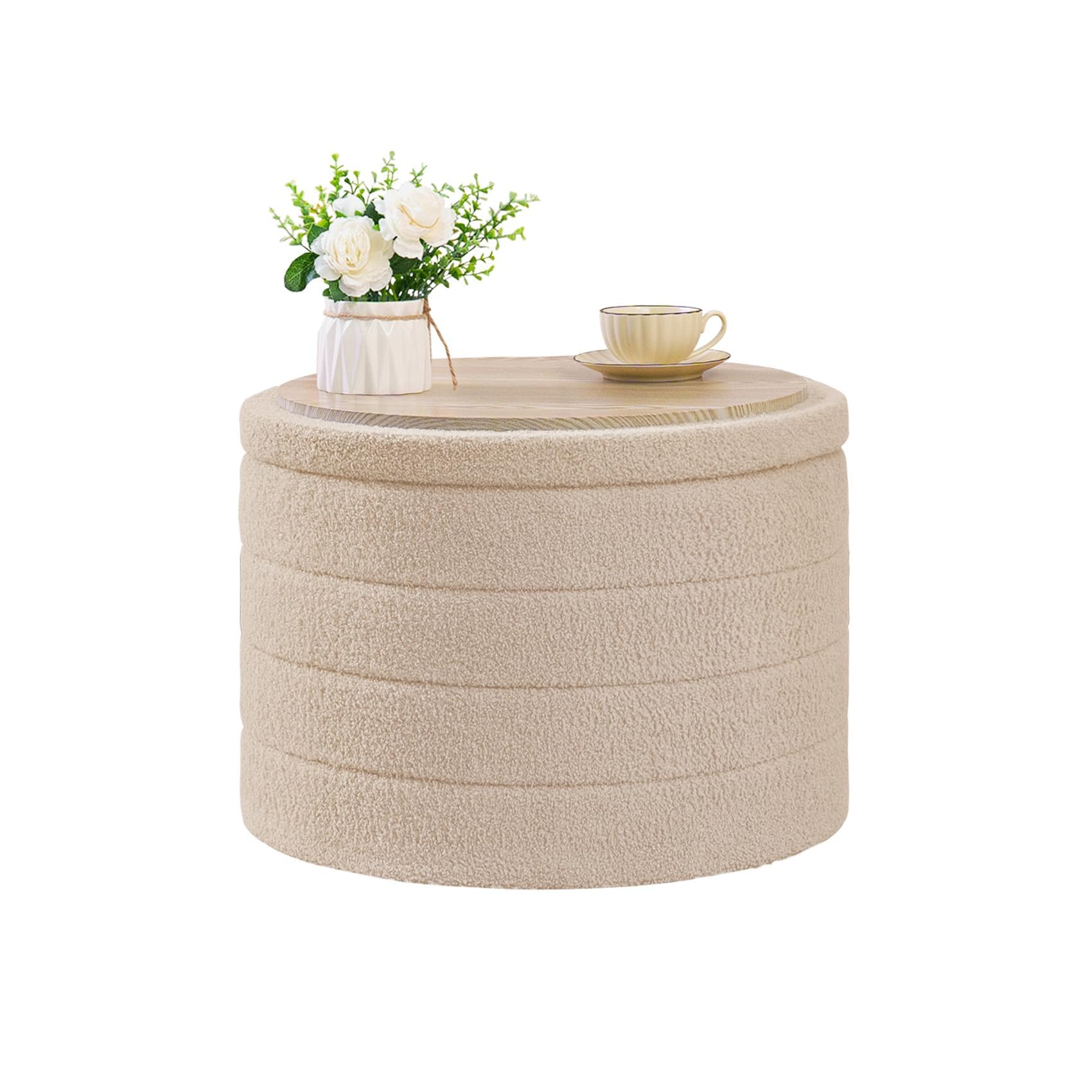 Bonlife Ottoman with Storage, Folding Boucle Stool,Coffee Table,Chest Toy Box,Footstool for Living Room,Bedroom,Beige,Large Round,56x56x40cm