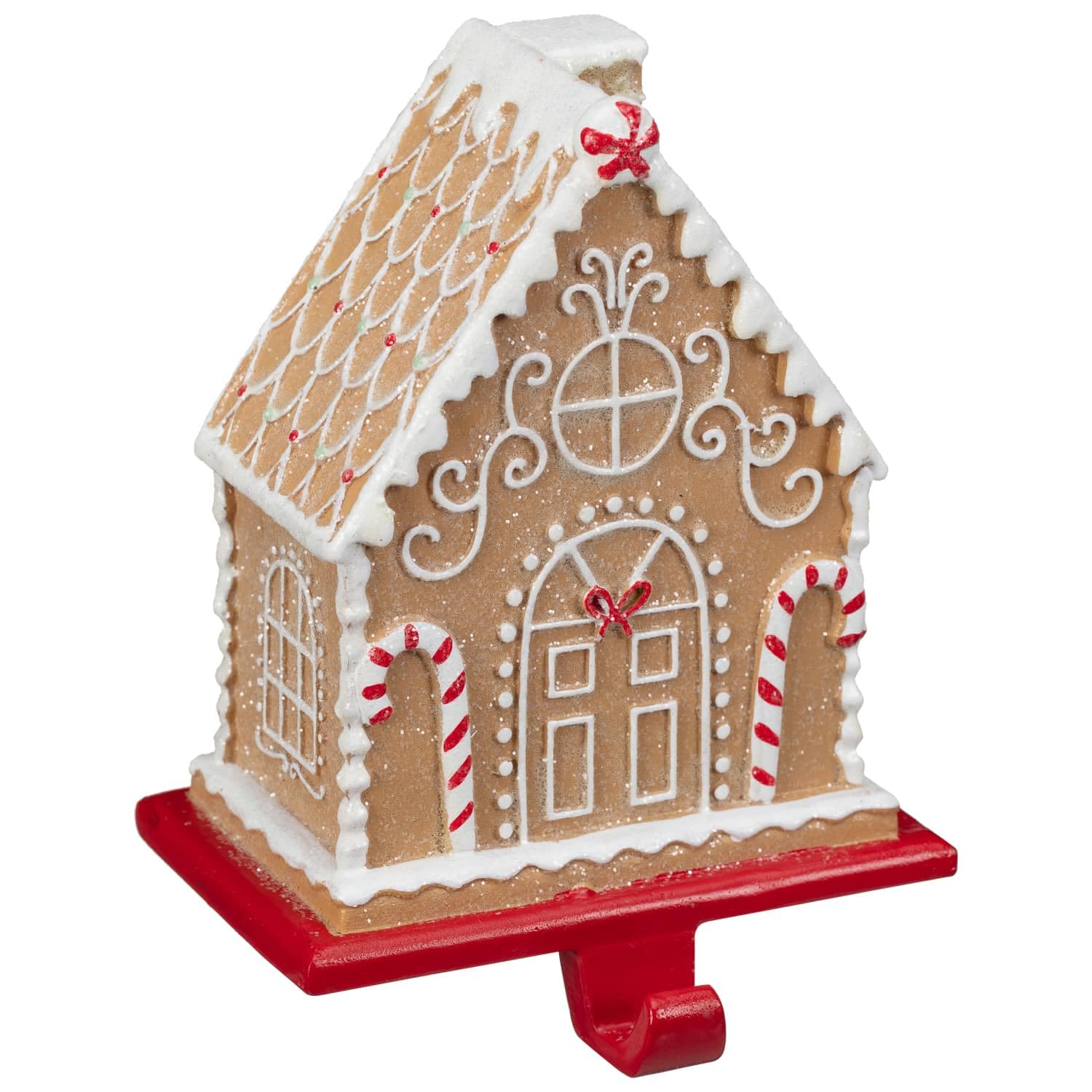Fyne-Finds Multicoloured Gingerbread House Stocking Holder Festive Mantel Hook For Christmas Stockings Heavy Resin Ornament With Glitter Icing