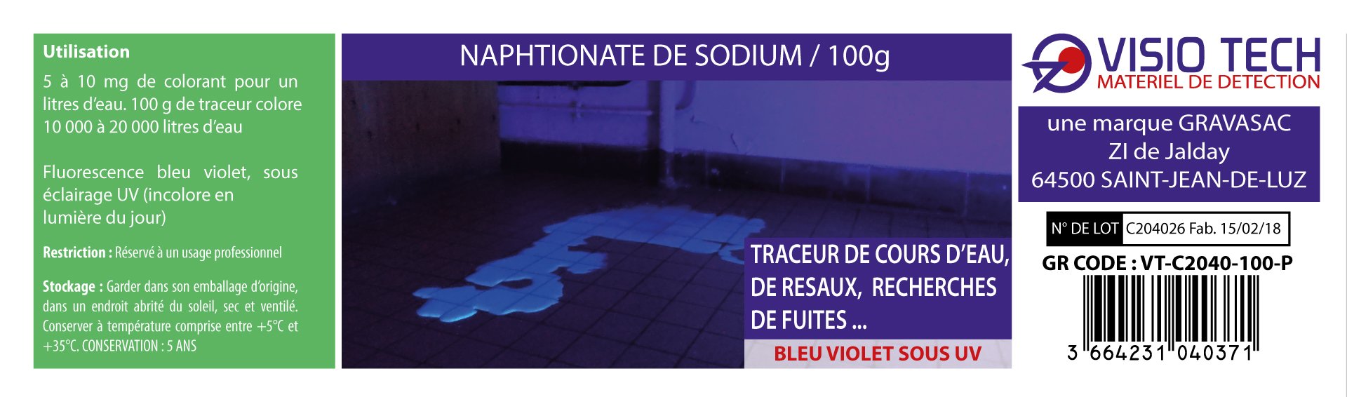 Traceur incolore visible sous UV, poudre soluble dans l'eau - Pot 100g