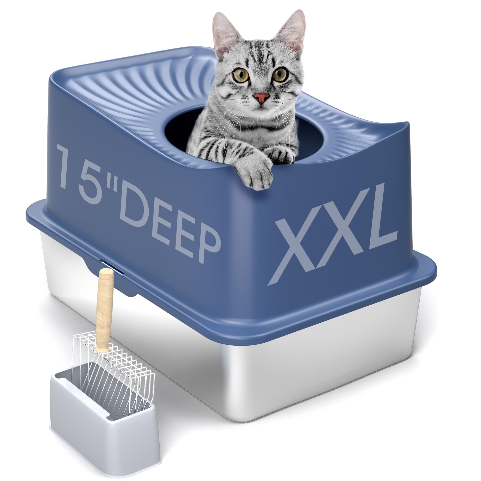 Stainless Steel Cat Litter Box, Extra Large Top Entry Litter Box with High Sides for Big Cats, Metal Kitty Litter Box Enclosed, Non-Sticky & Leakage, Easy to Clean, Include Litter Scoop