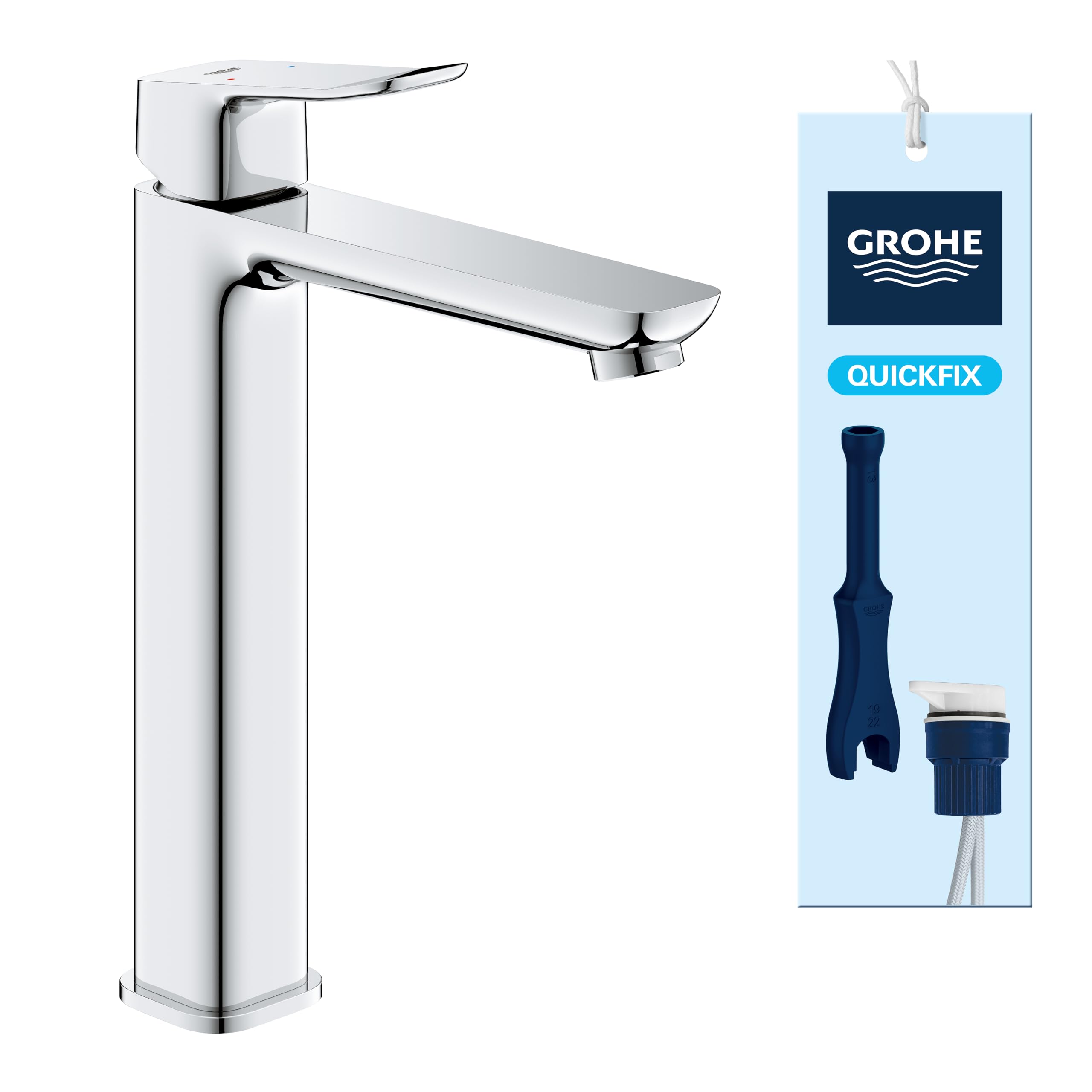 GROHE Bateria umywalkowa z gładkim korpusem do wolnostojących umywalek (rozmiar XL, 270 mm, wkład ceramiczny 28 mm, oszczędność wody, ogony, 8 cm, łatwy montaż za pomocą dołączonego QuickTool), chrom