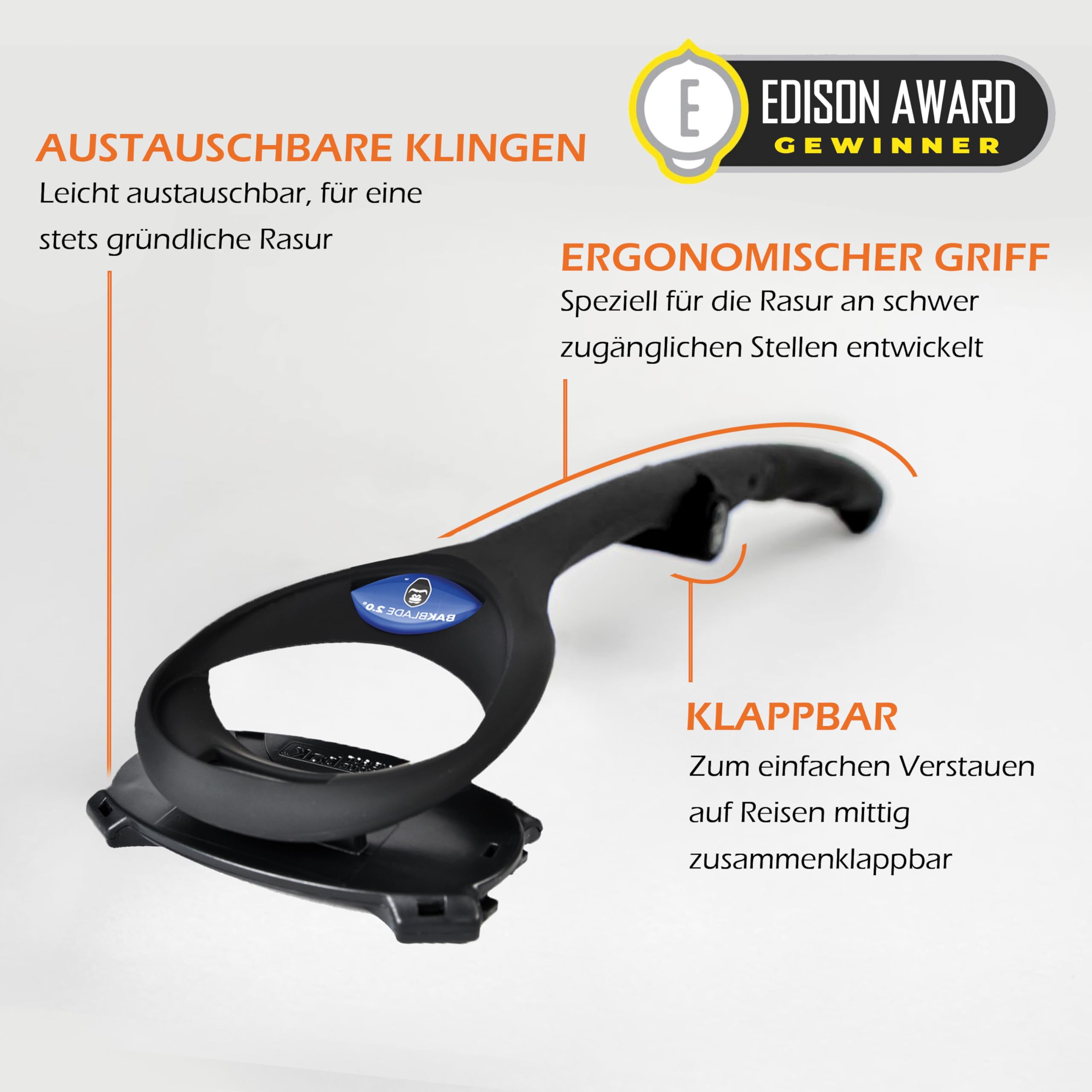 BaKblade 2.0 Back Shaver, Rückenrasierer und Körperrasierer für Männer Idealer Herren-Rasierer für einen Glatten Rücken Inkl. 2 Rasierklingen