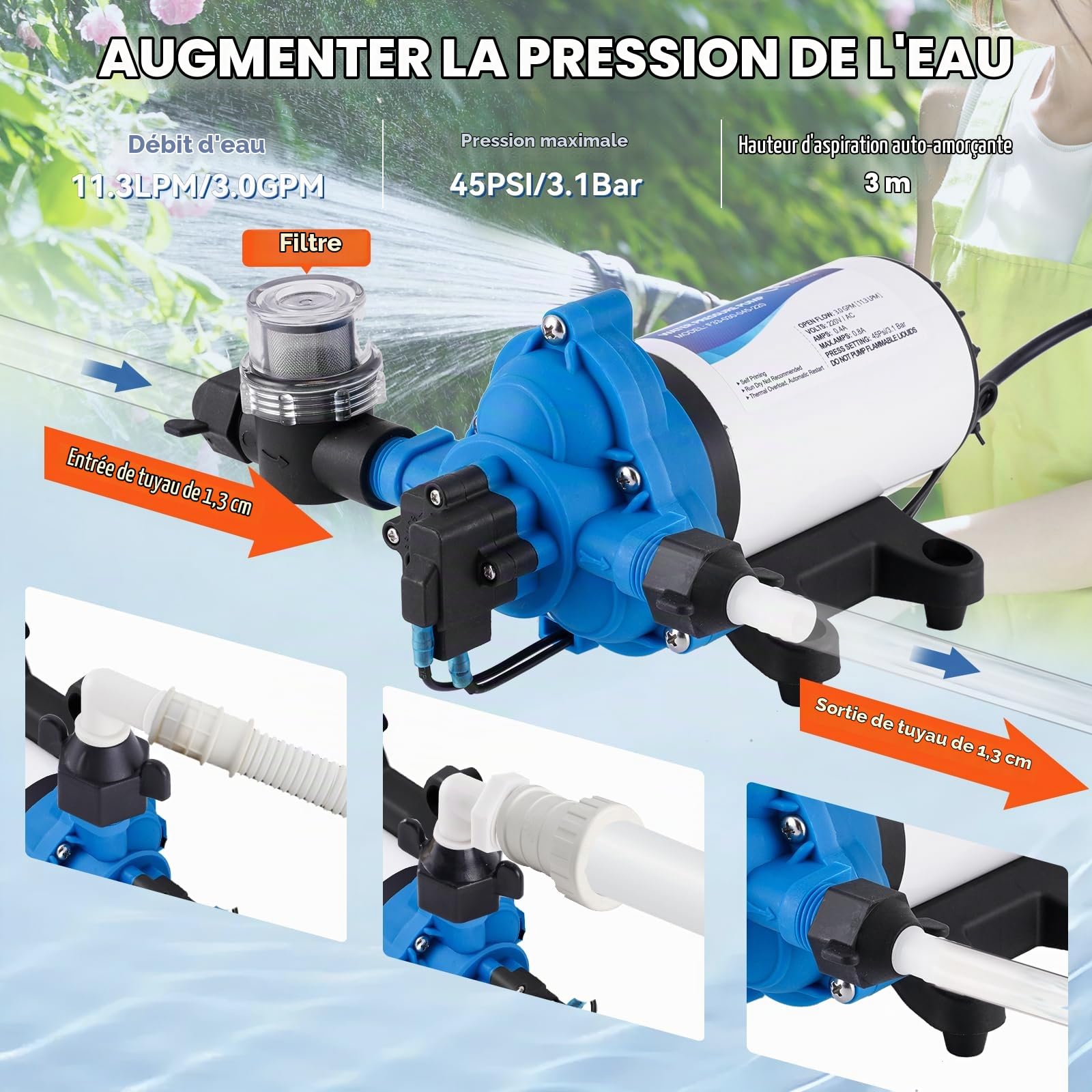 YUCHENGTECH Pompe à Membrane à Eau 220V 88W 11,3 Lpm/min, 45 Psi, 3.1 Bar