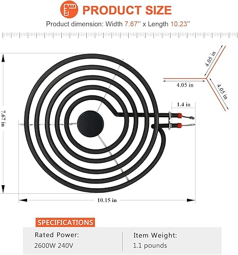 Miniatura 5 de Beaquicy 316442301 MP26YA - Quemador eléctrico de repuesto (estufa de cocina de 8 pulgadas, 5 vueltas) por Beaquicy - Elemento calefactor de