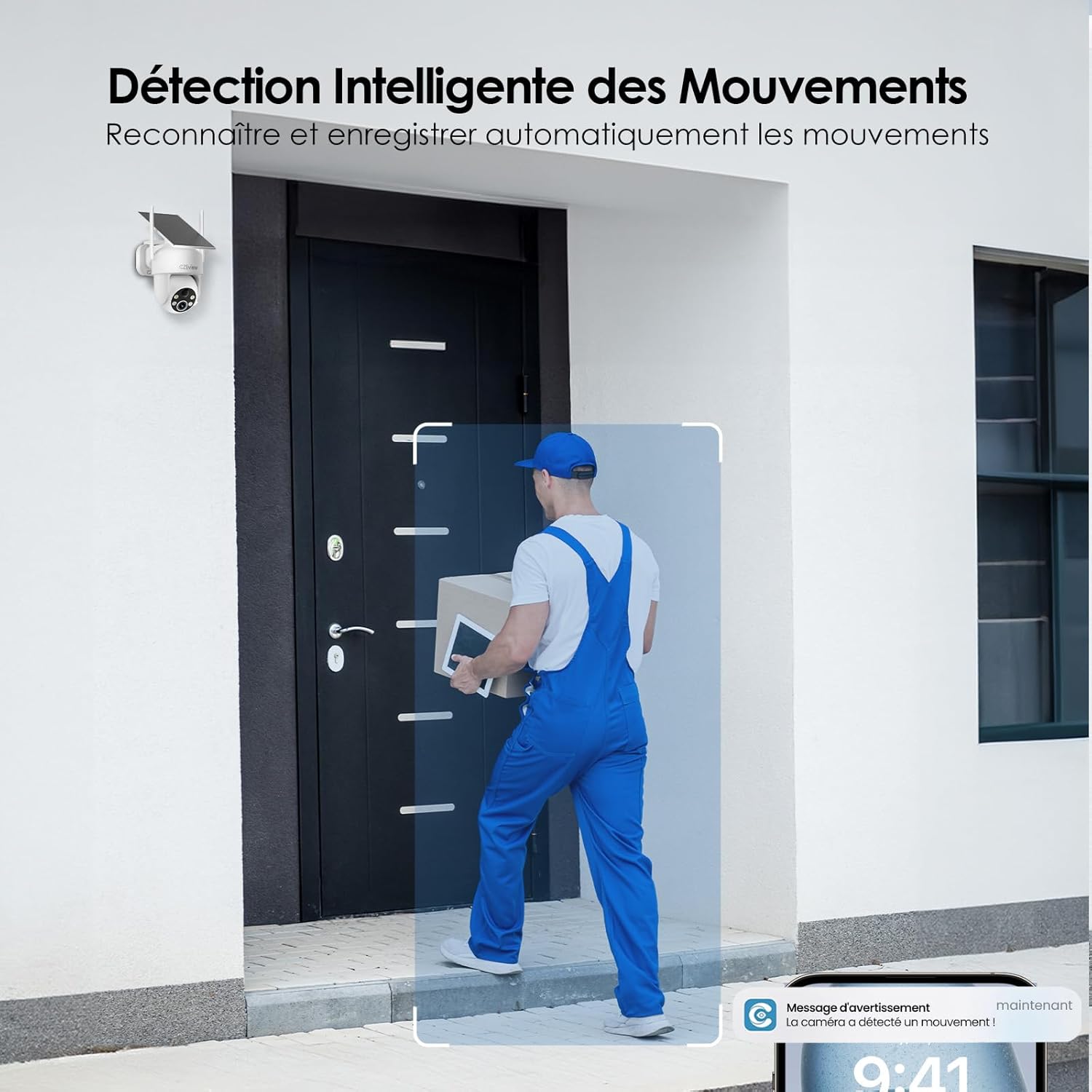 Image depicting a person approaching a door, with a digital overlay showing motion detection and an app notification.