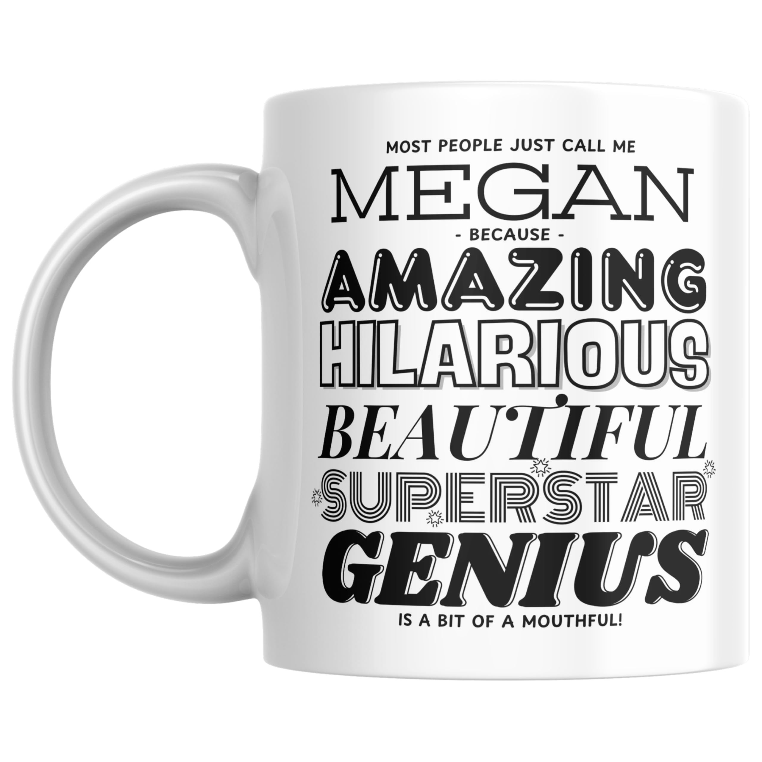 Designs of note! Megan Personalised Ceramic Mug | “Most People Just Call Me Megan” Funny Novelty Name Mug for Her | Light-Hearted Gift for Women or Girls (Black)