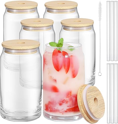 Vasos de cerveza de 16 onzas paquete de 6 vasos de vidrio para beber con pinta de vidrio con tapas de bambú y popote de vidrio adecuados para jugos