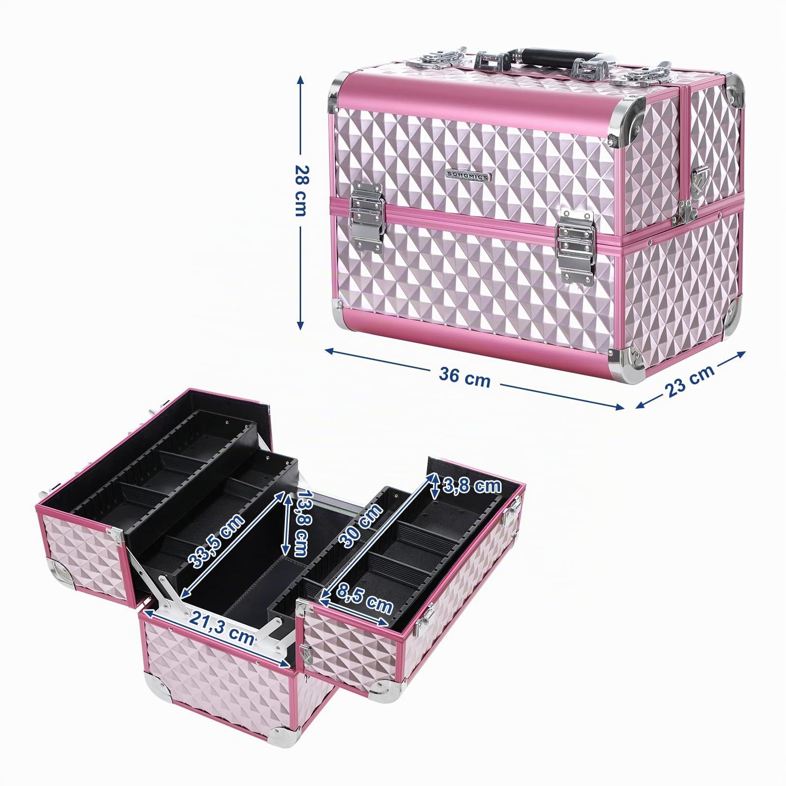 SONGMICS Maletín de cosméticos Profesional para cosméticos, Plateado Rosa, 23T x 36B x 28H cm, Moderno y práctico