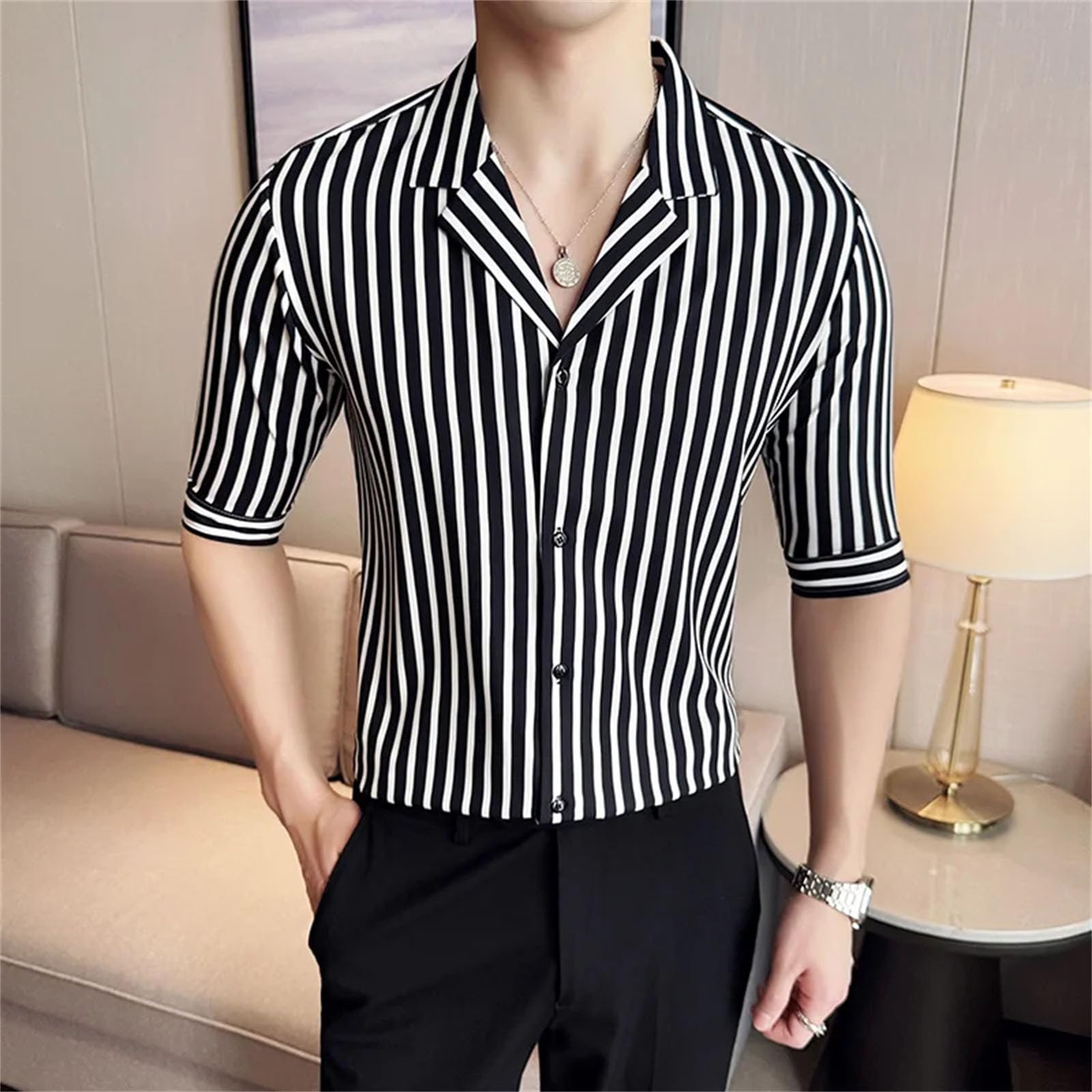 Camicie da uomo a maniche corte a righe slim fit casual ufficio plus size mezza manica camicia