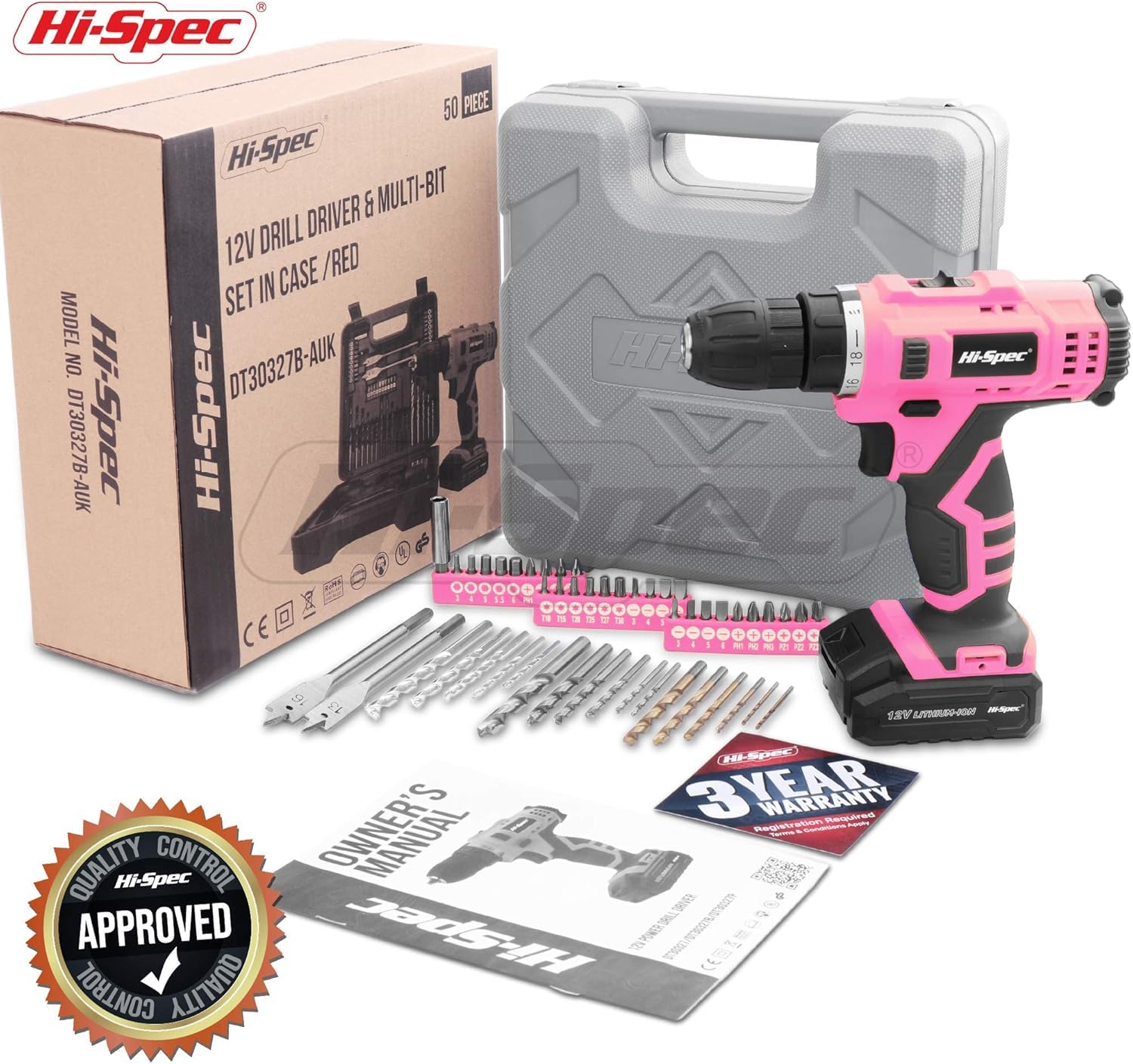 Hi-Spec Taladro Atornillador Destornillador Inalámbrico, 12V Batería de 1300mAh hasta 20Nm, Velocidad Variable y Luz Led. con Maletín Estuche de 46 Puntas Brocas y Accesorios de Bricolaje.