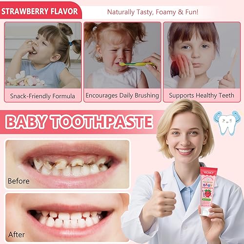 Miniatura 3 de Pasta de dientes para niños, sabor a fresa, pasta de dientes tragada con xilitol y vitamina E, combate la placa, diseñada para niños, 2.1 onzas