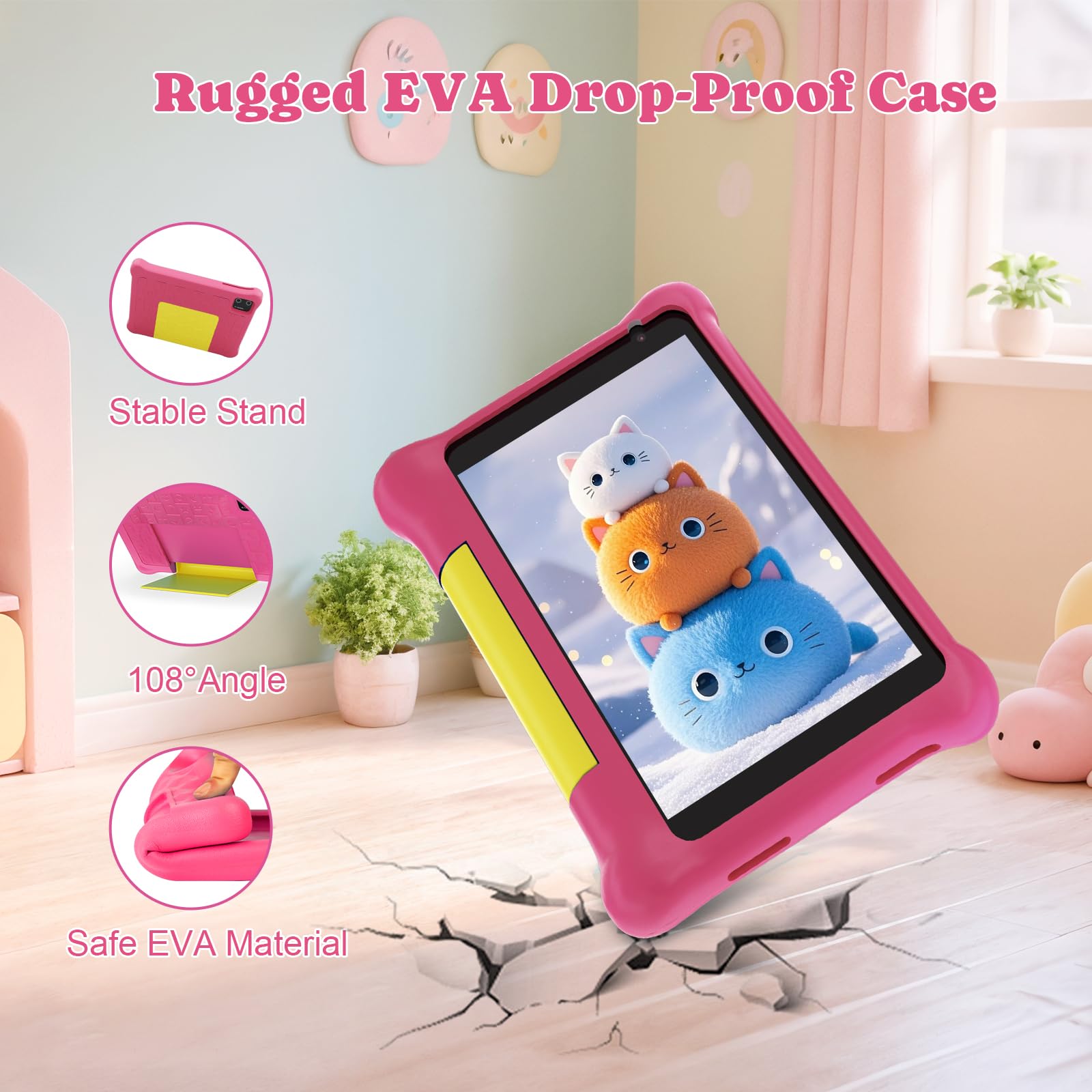 Tablette Enfants 7 Pouces Android 13 Tablette pour Enfant 5GB RAM 32GB ROM(TF 128GB) Contrôle Parental, GMS, WiFi, Bluetooth, Kids Tablette Tactile Éducative avec Kid-Proof Étui (Rose)