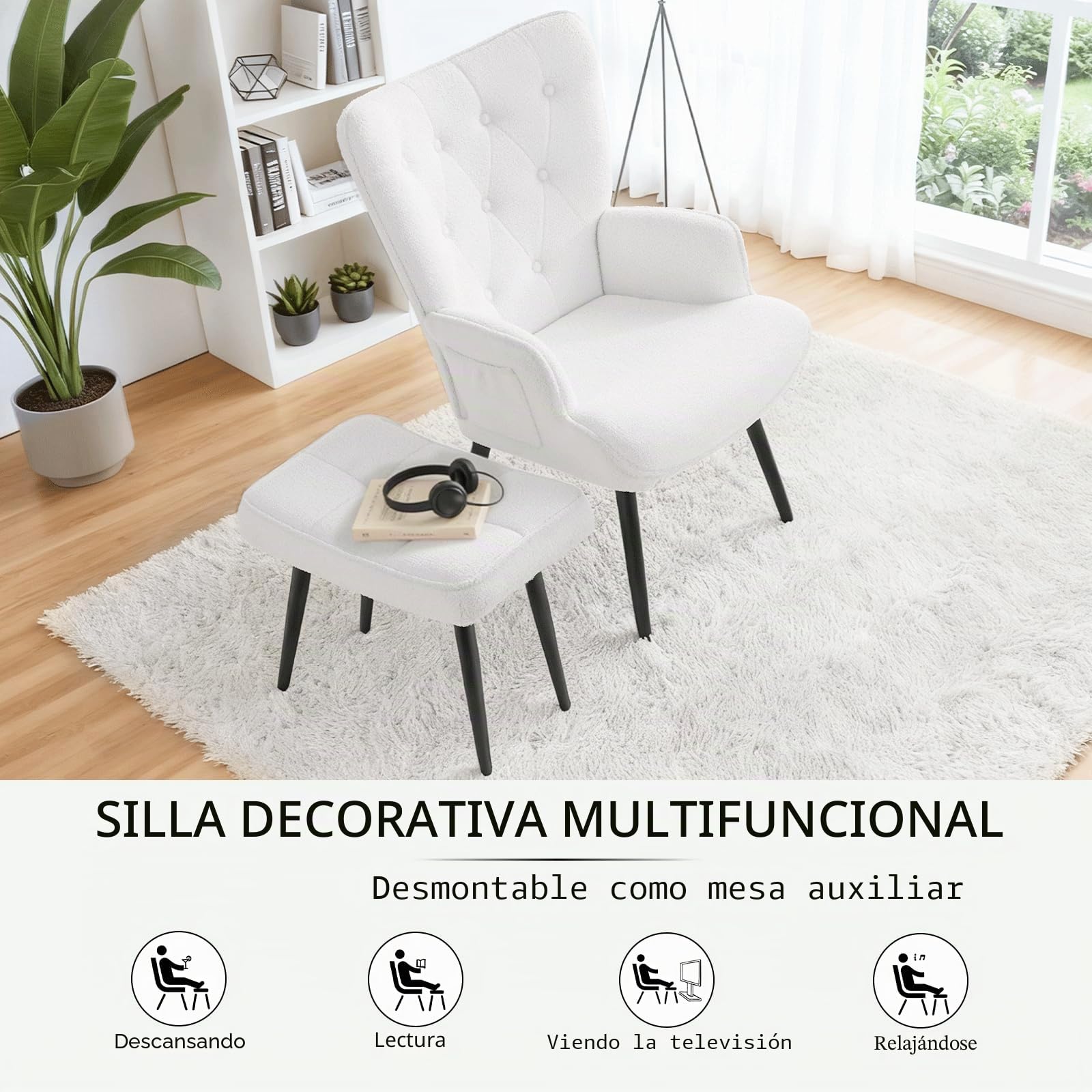 Clevich Sillón Orejero con Reposapiés, Blanco Poltrona Sala Teddy Suave – Butaca de Salón para Lectura, Sillon Dormitorio, hasta 168 kg