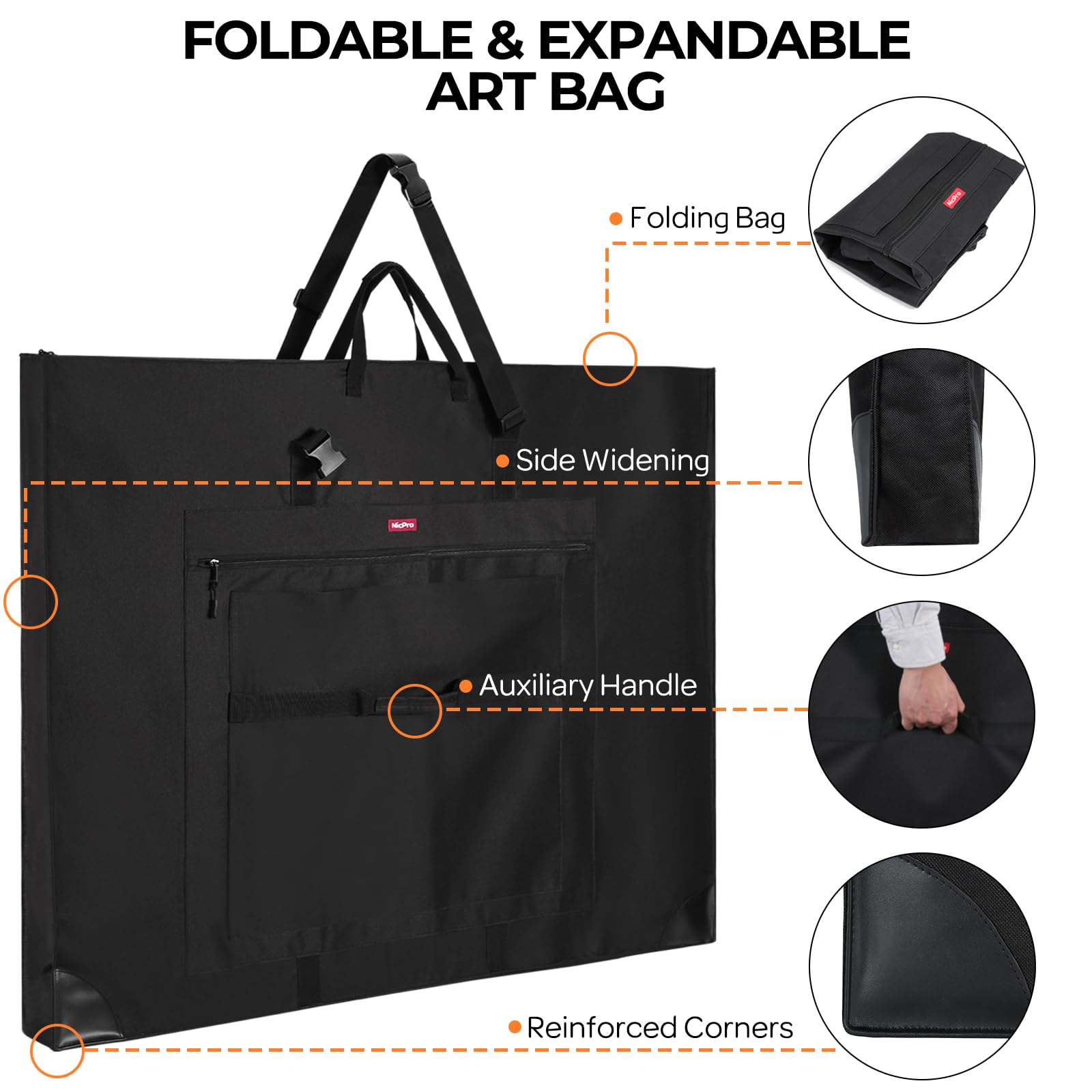 Nicpro Ampia custodia a soffietto per arte, 81,3 x 106,7 cm, borsa grande per opere d'arte | Tracolla regolabile, tessuto 600D, angoli in pelle resistente, impermeabile, portfolio per schizzi su tela artistica