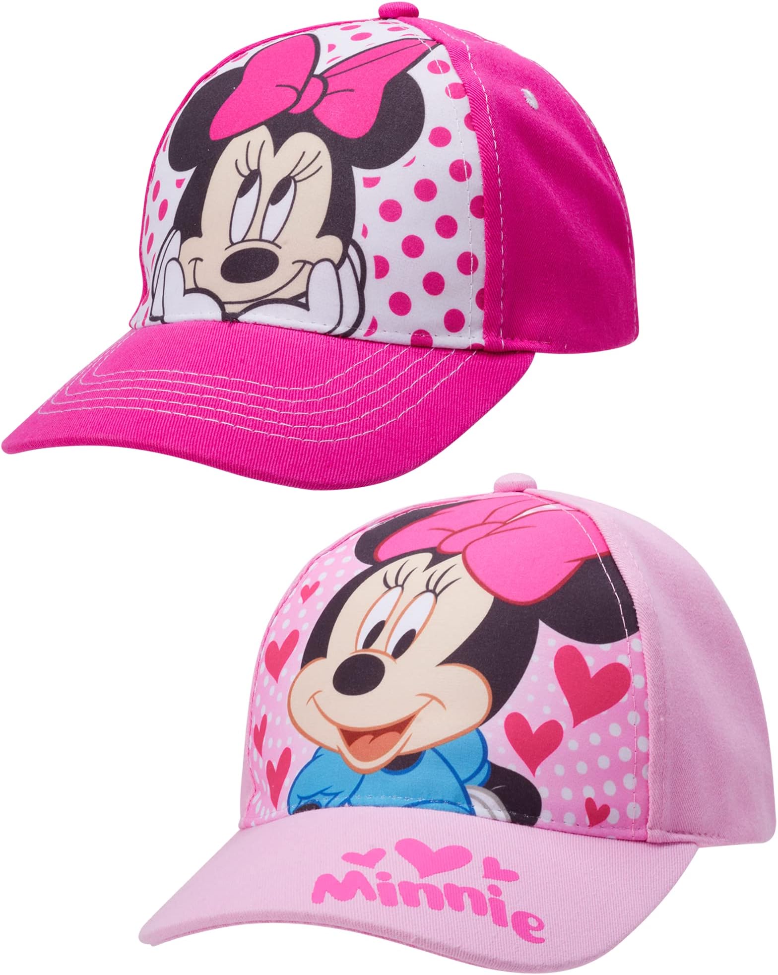 Girls' Disney Minnie Mouse Kids Baseball Cap 2 Pack, Adjustable Hats Set for Girls, Age 4-7 Years