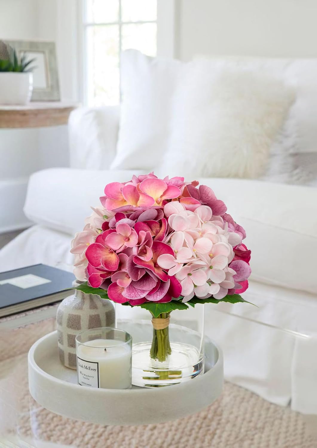 Hollyone Real Touch Pink Hydrangea Artificial Flowers in Vase Latex Small Faux Hydrangea Flowers Arrangements Hydrangeas Fake Flower with Glass Vase with Faux Water for Table Centerpiece Home Decor