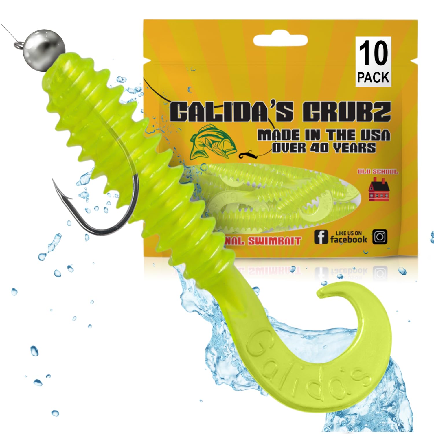 Galida's Grubz Soft Plastic Fish Bait Lures for Fishing | Fishing Bait Lure with Deep Ribs | Great for Beginners and Advanced Fishermen | Pearl Chartreuse | Pack of 10 Fishing Bait Lures