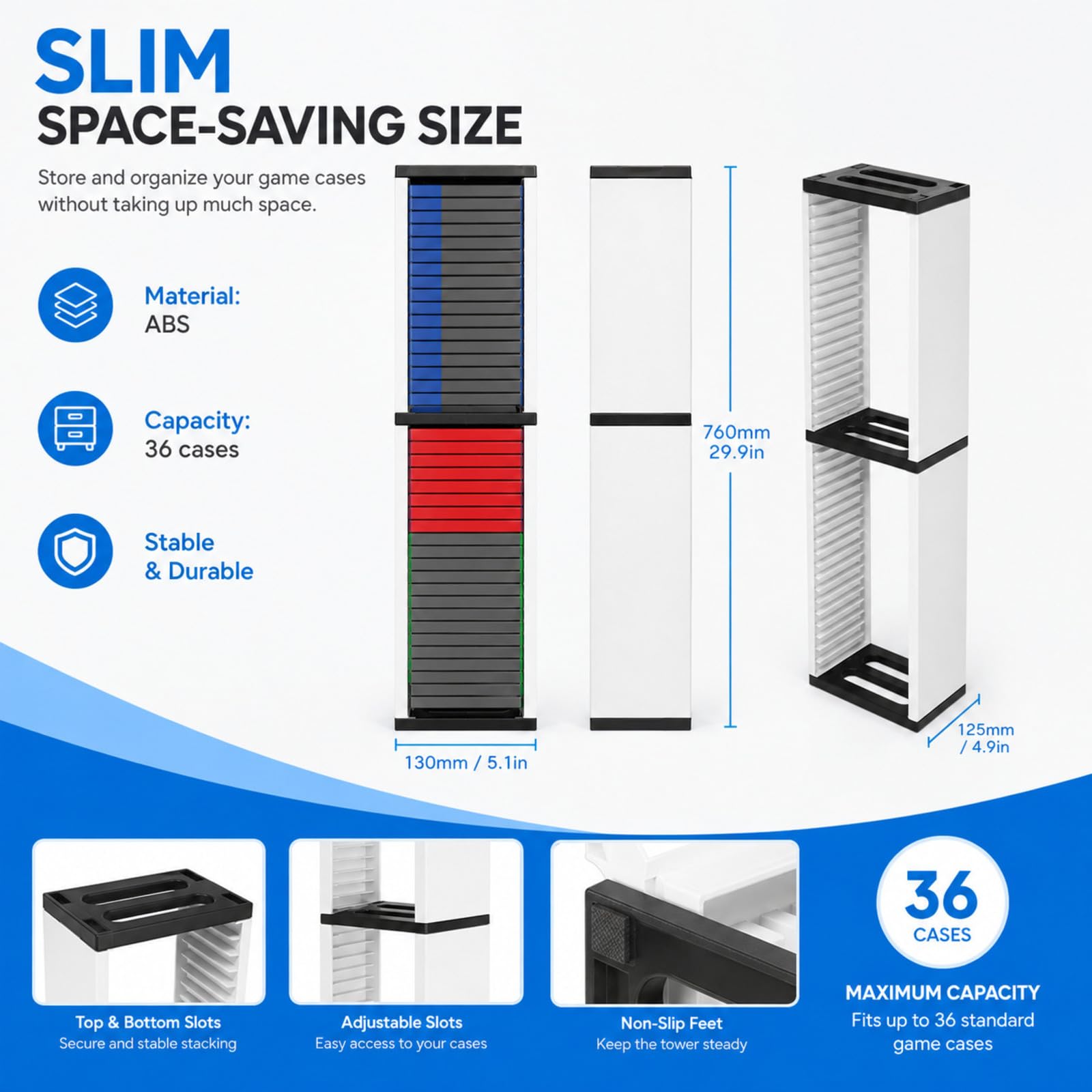 Soporte de torre de almacenamiento universal para videojuegos, capacidad para 36 juegos, organizador multifuncional para PS5, PS4, Xbox Series X/S, estuches de juegos Switch, DVD y discos