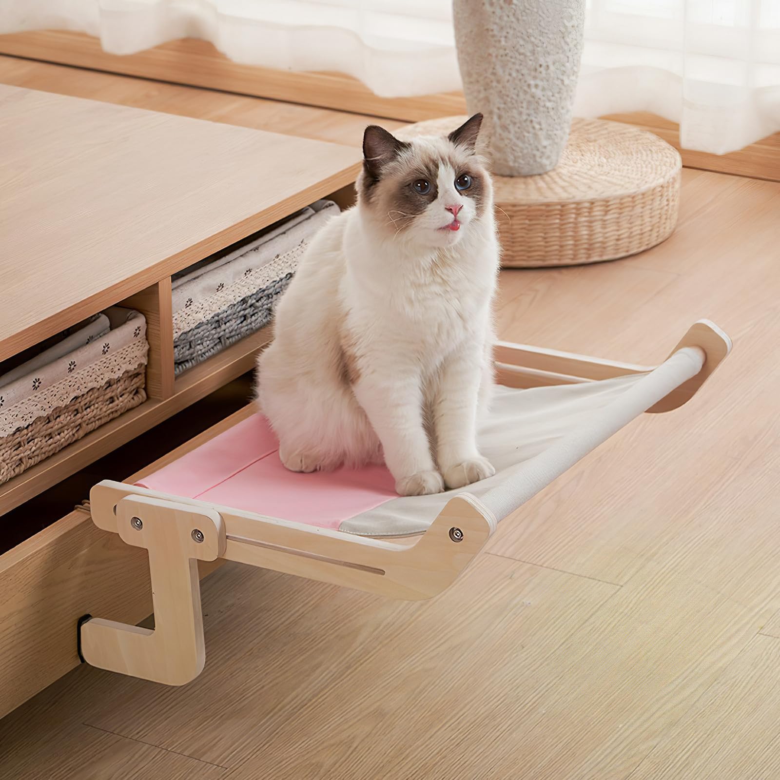 iplusmile Hamac de Fenêtre pour Chat Hamac pour Chat à Fixer la Fenêtre Perchoir en Bois Grand Modèle sans Ventouses Facile à Nettoyer Chaud et Petits Animaux Maison