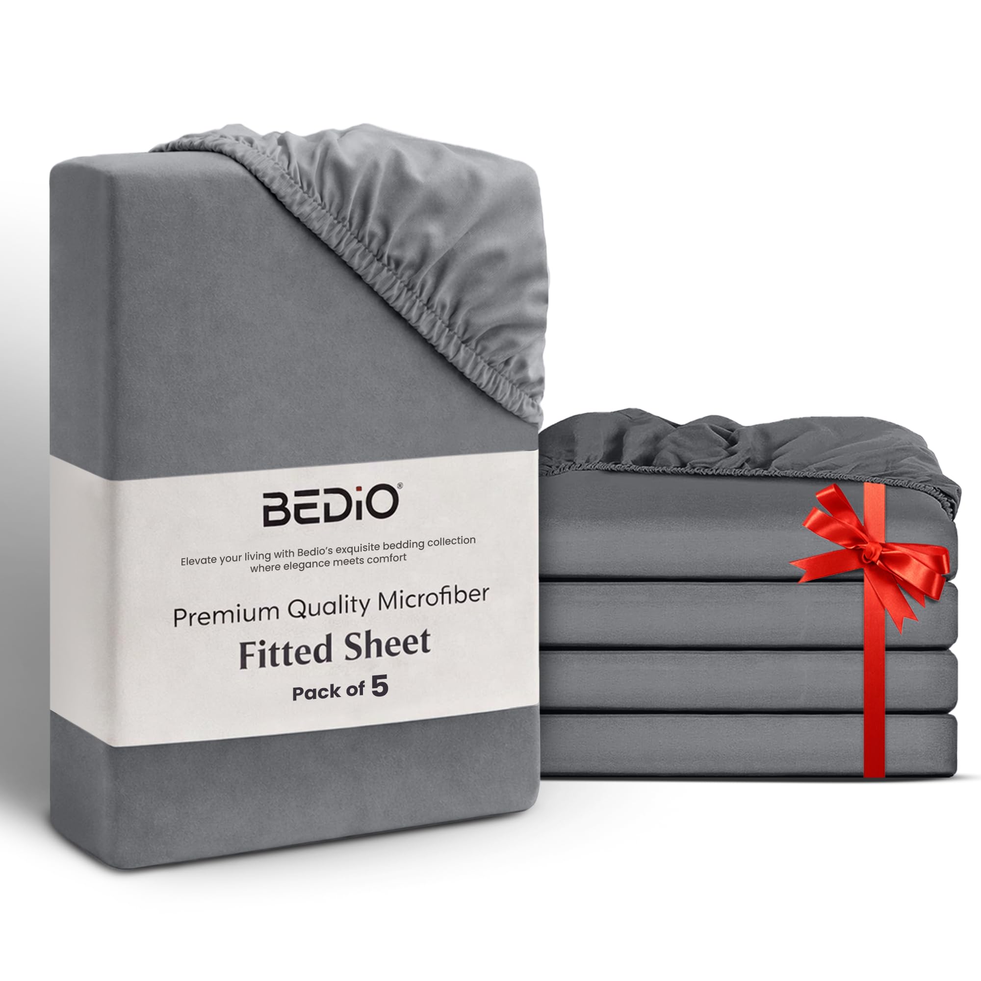 BEDIO Fitted Bed Sheets Double (Pack of 5) 137x190CM, Grey - Extra Deep Pocket 40 cm (16 inch) 360° All Around Elastic Easy Care - Soft Brushed Microfiber Fabric - Shrinkage & Fade Resistant