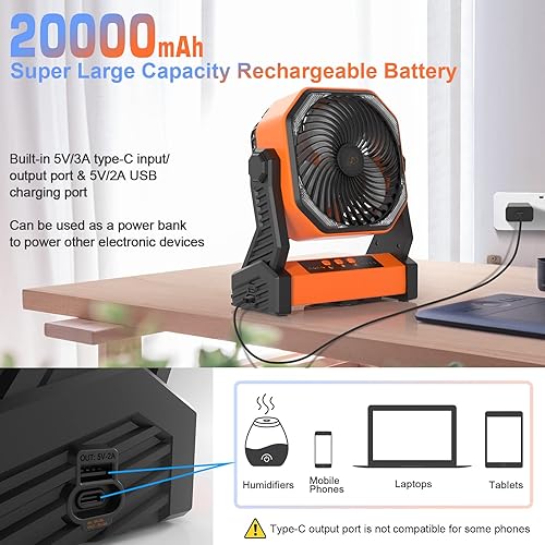 Miniatura 7 de Gewanolla Ventilador de campamento con luz LED ventilador de campamento recargable de 20000 mAh con gancho pivote de 270 4 velocidades ventilador de