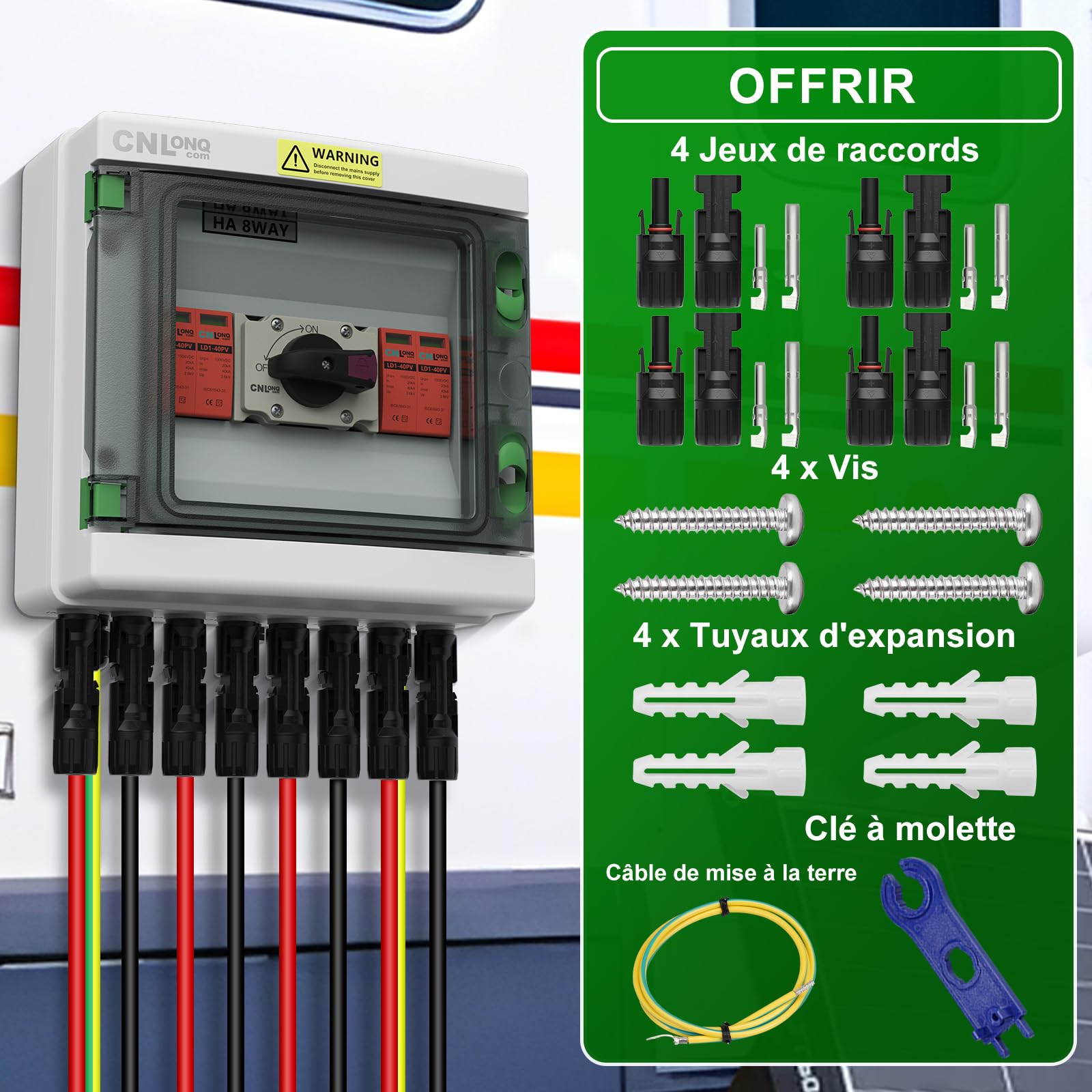 Boîtes de Protection contre la foudre DC1000V 32 Amps 2 Entrées 2 Sorties Isolateur Disjoncteur et Parafoudre, IP65 Boitier de Jonction Solaire Pour Les Panneaux Solaires Extérieurs