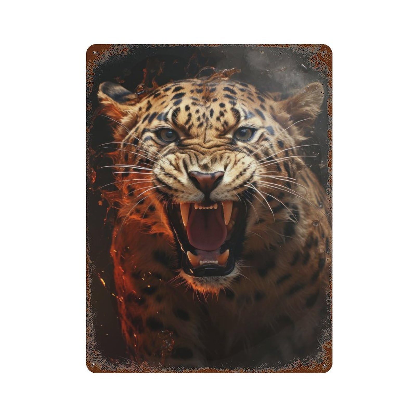 Angry Leopard Rustic Tin Plaque 15.7"x11.8", Ideal for Shed, Workshop And Garage Wall Decor