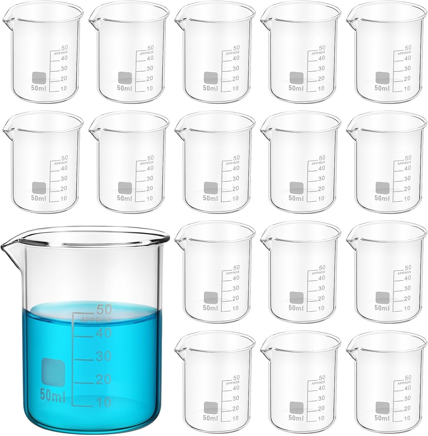 Baluue 20pcs Glass Beakers Measuring Cylinders 50ml Capacity Sturdy and Stable Laboratory Glassware with Spout Easy to Clean for Science Experiments and Chemistry Lab Use
