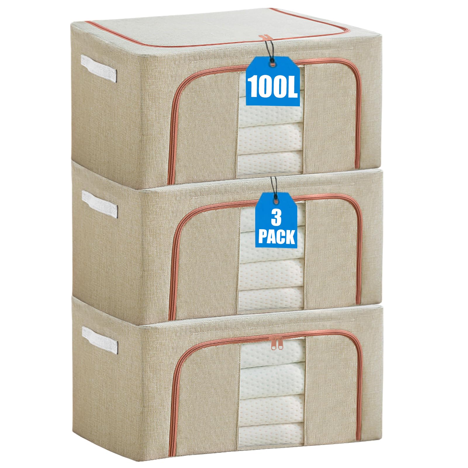 KXF Kleiderschrank-Aufbewahrungsboxen, 3 Packungen, 100 l, wasserdicht, stapelbar, faltbar, Oxford-Stoff, Stahlrahmen, Schrank, Kleidung, Aufbewahrungstasche, klares Fenster und Tragegriffe für