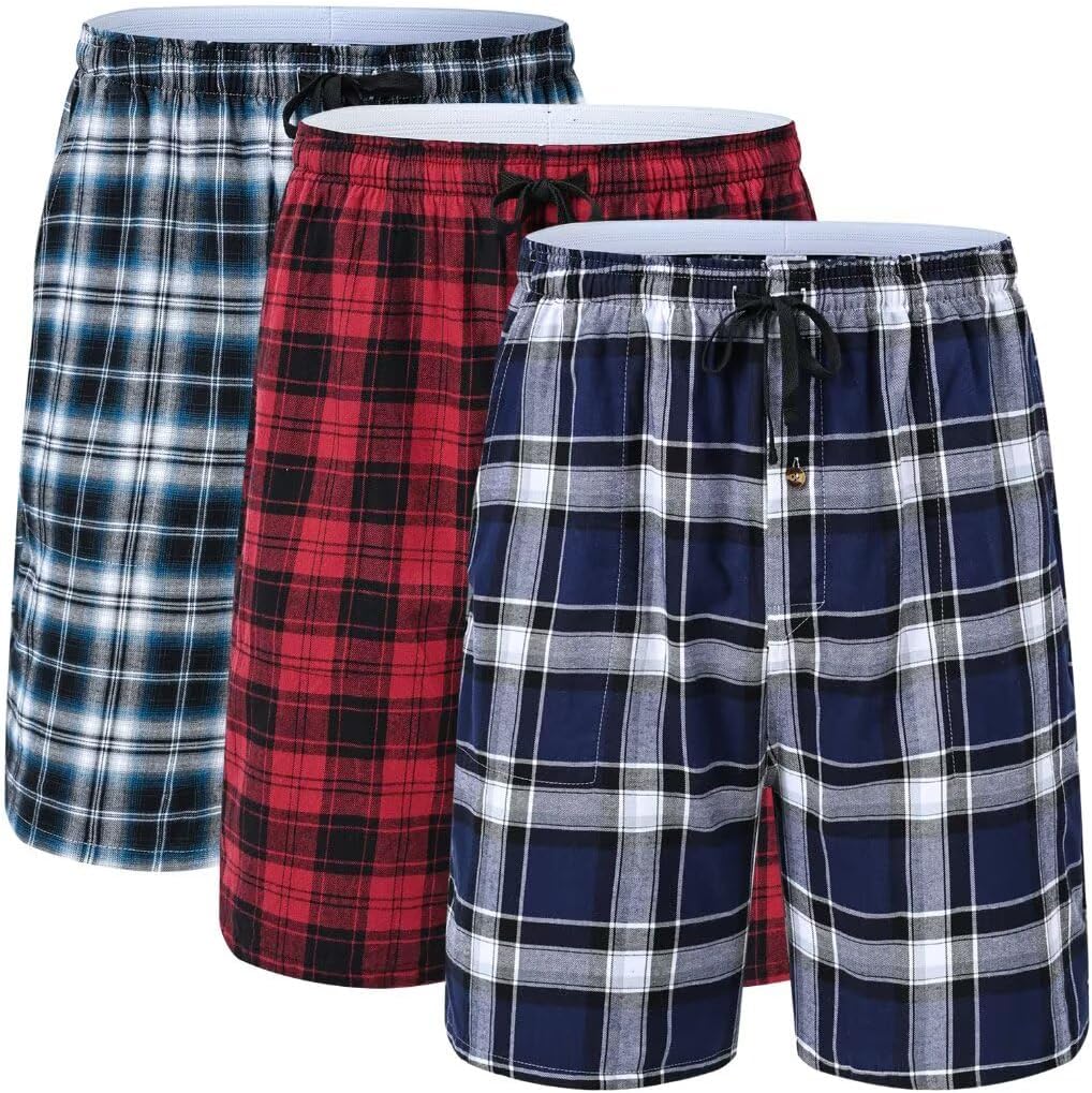 yuyangdpb Men's 3-Pack Woven Pajama Short Cotton Plaid Sleepwear Shorts Button Open Fly with Pockets