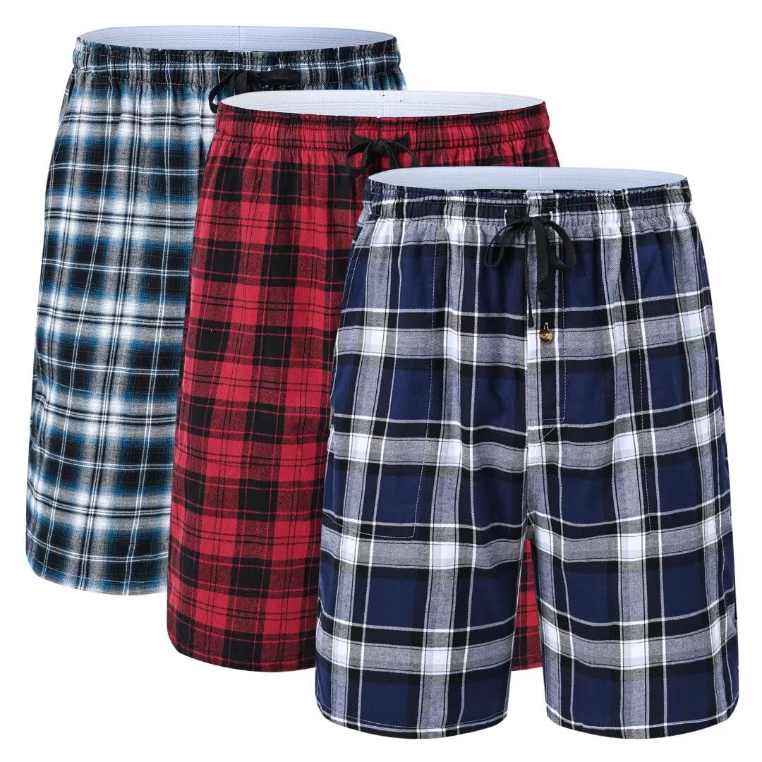 yuyangdpb Men's 3-Pack Woven Pajama Short Cotton Plaid Sleepwear Shorts Button Open Fly with Pockets