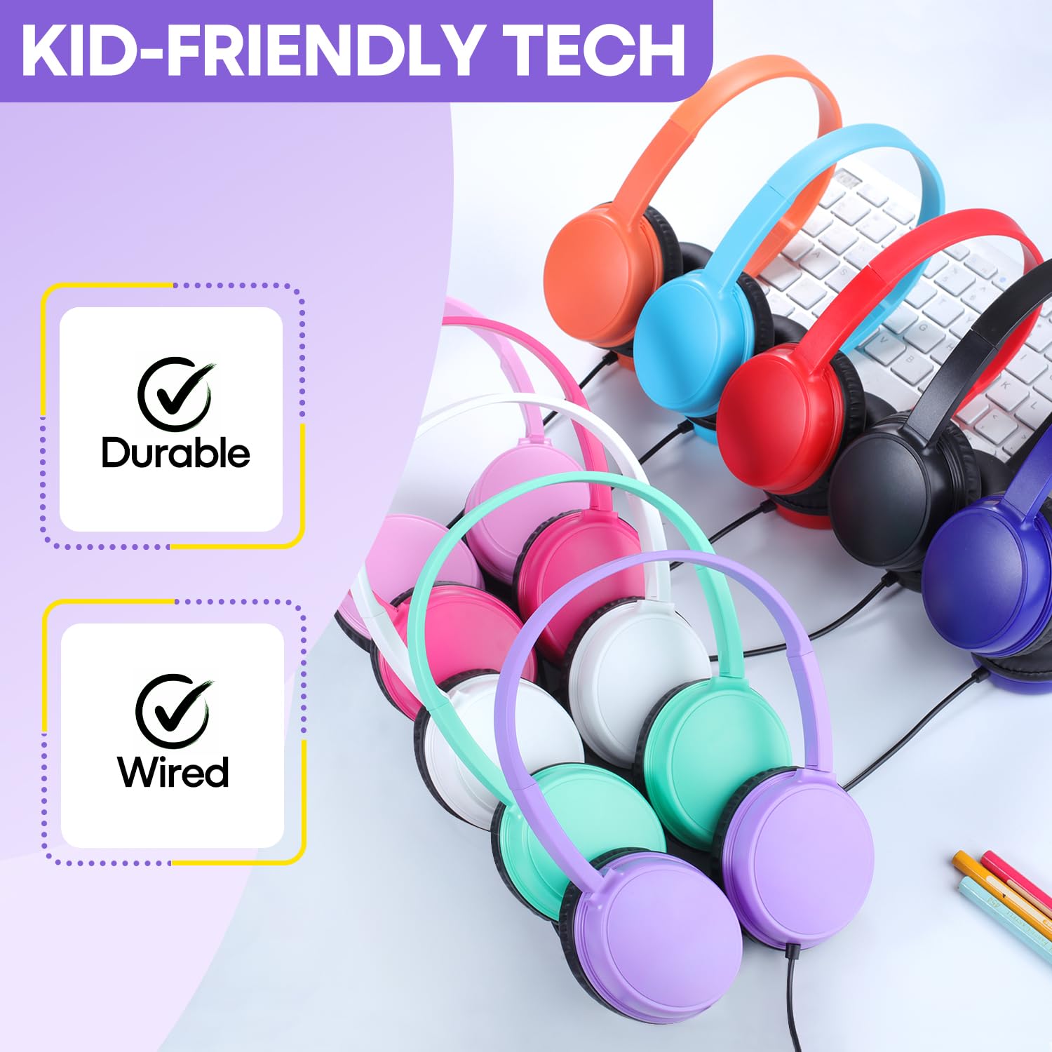 Cuffie per aule per bambini, confezione da 10 pezzi, resistenti, con cavo, set di classe per studenti, biblioteca, scuola, Chromebook, laptop, computer, con jack da 3,5 mm (HY30, 10 misti)