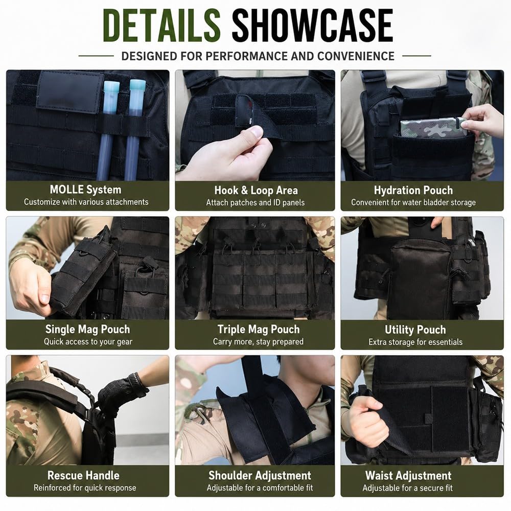 Gilet Tattico Regolabile con Tasche Rimovibili,Gilet Modulare Multitasche con Sgancio Rapido Gilet Utility Traspirante per Escursionismo Softair E attività Outdoor