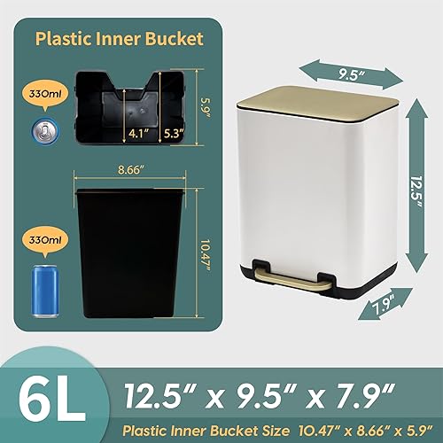 Miniatura 6 de SunnyPoint Cubo de basura pequeño de 6 litros (1.58 galones) con cubos interiores de plástico baño rectangular, oficina, cocina y dormitorio, paso y