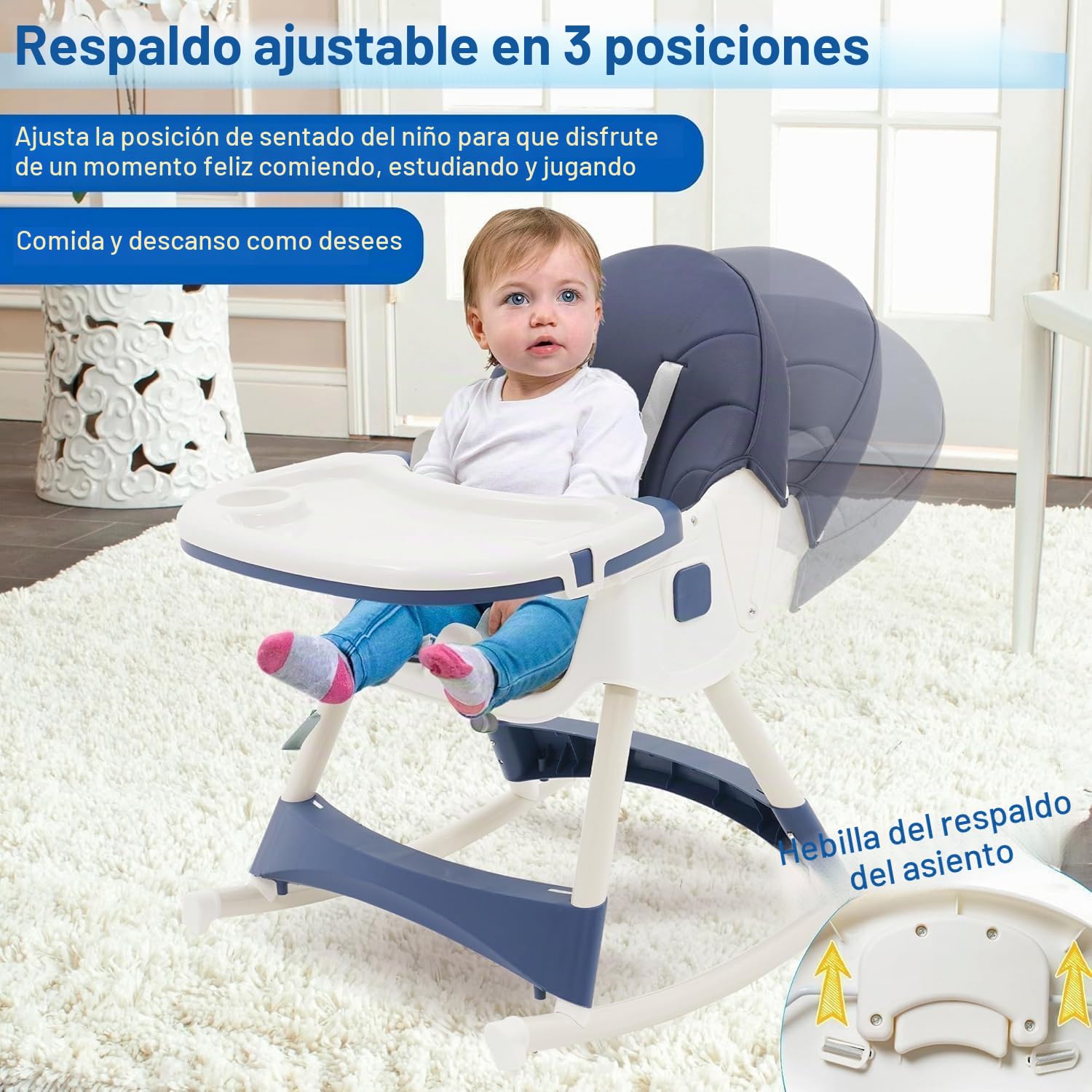 Trona Bebé Plegable 3 en 1, 3 Posiciones Reclinable con Doble Bandeja Extraíble y Ruedas, Asiento Reposapiés, Altura Regulable, 6+ Meses (Azul)