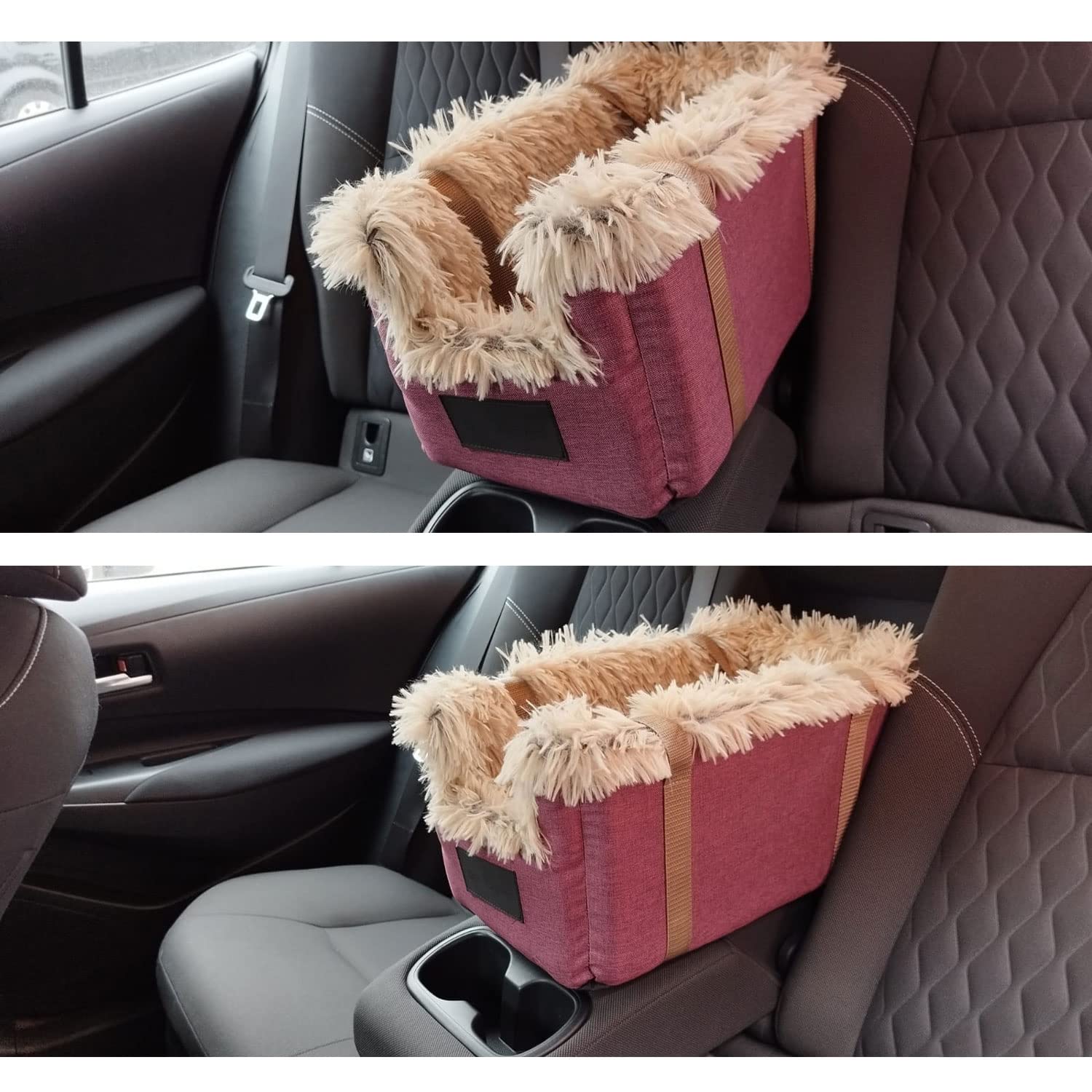 Hunde Armlehn Auto | Universal Autositz Waschbar Abriebfest, Autositz Hund für Mittelkonsol, Vordersitz, Beifahrersitz, Rückbank | Hundetasche, für Kleine Hunde | Farbe: Rotwein