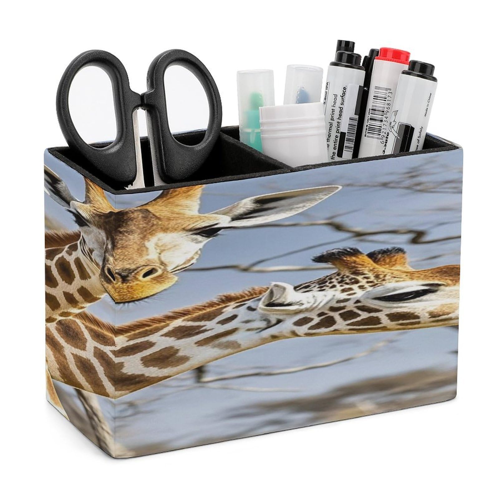 FekiLoot Giraffe Pen Holders for Desk Small Remote Control Holder Leather Pencil Cup with Double Compartments Desktop Organizer for Table Desk Office Space Saving
