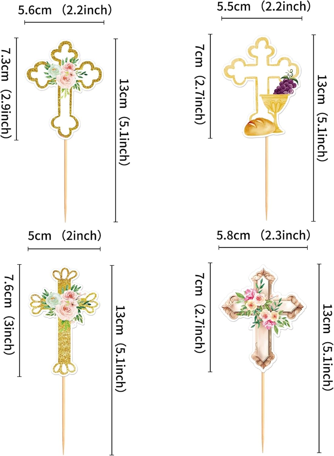 Ercadio 24 PCS Printed Floral Cross Cupcake Toppers Christian Baptism Cross Cupcake Picks for Religious Baby Shower Jesus Birthday He is Risen Easter Day Christmas Church Service Party Cake Supplies