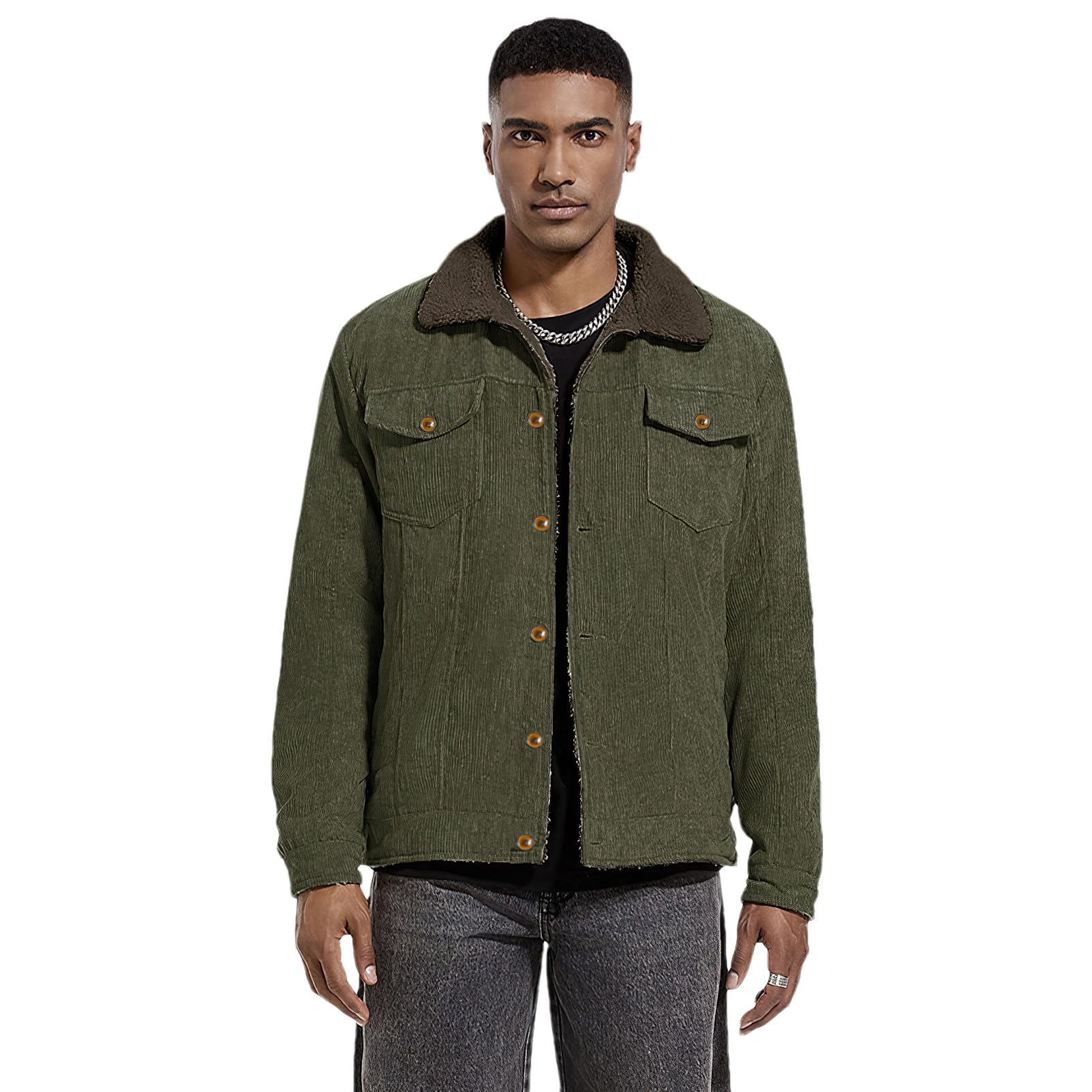 ANUFER Hommes Hiver Velours Côtelé Veste Doublé Sherpa Thermique Trucker Manteau