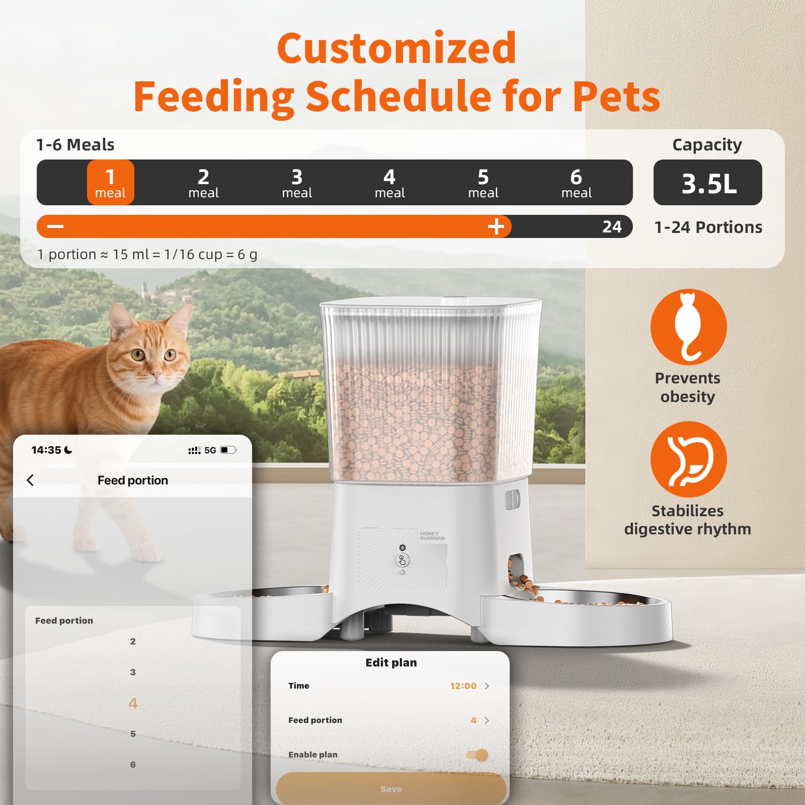 Distributeur Croguettes Chat Automatique Double, HONEYGUARDIAN 5G/2.4G WiFi Gamelle Chat Automatique 4 Bols(Bol INOX +Bol Lente), Distributeur Croquettes Chats/Chien, Opération Facile & Contrôle APP