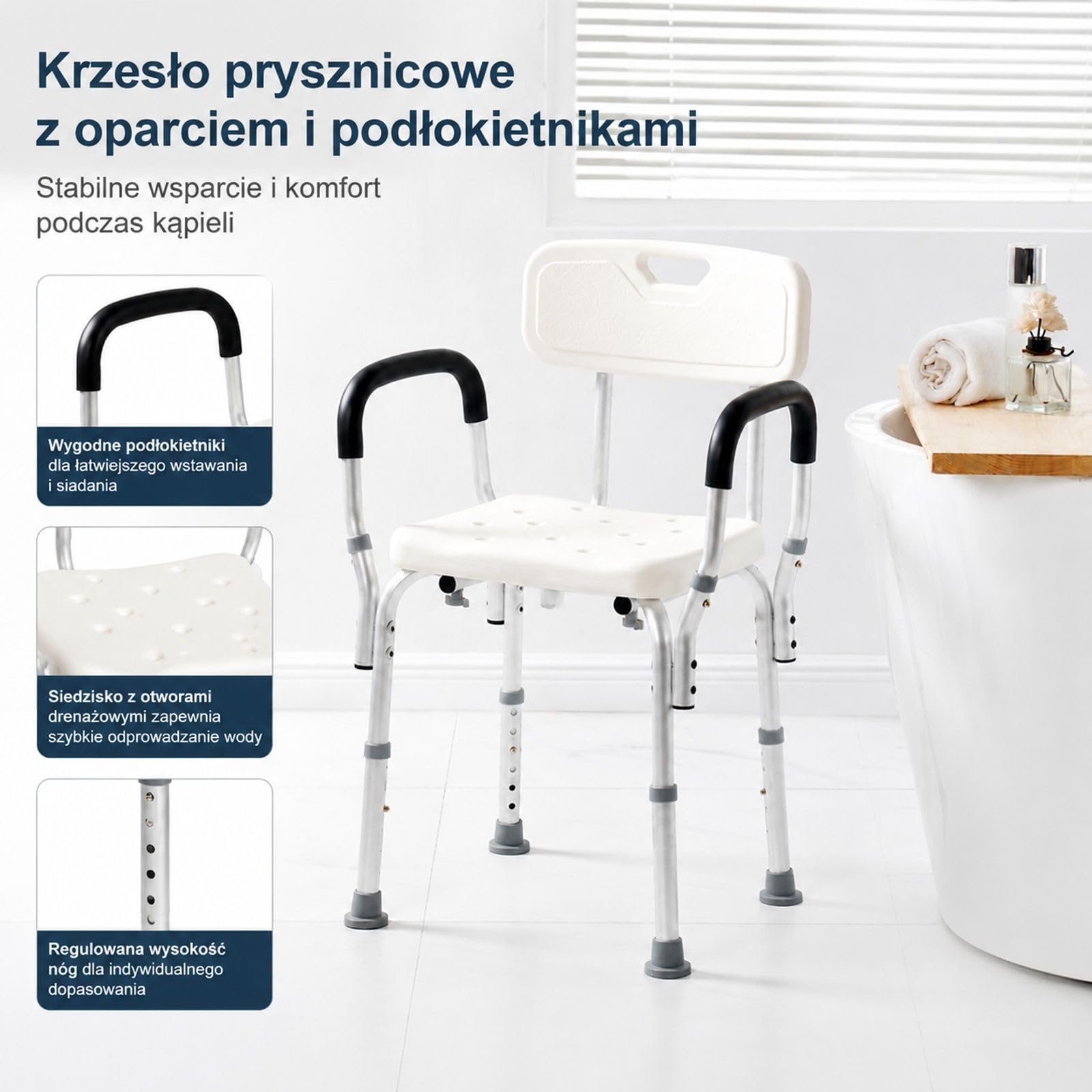 Bialy taboret prysznicowy z regulowana wysokoscia, krzeslo lazienkowe z uchwytem i rama ze stopu aluminium do prysznica i wanny