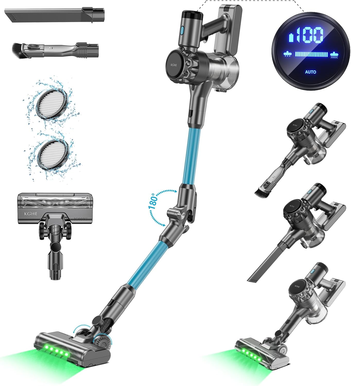 KOHE K10 Aspirapolvere Senza Fili Potente, Scopa Elettrica Pieghevole 500 Watt 33Kpa, 130.000 Giri/Min, 4 Modalità di Potenza di Aspirazione, Autonomia Fino a 55 minuti, Ciclone a 6 livelli, Blu KOHE K10 Aspirapolvere Senza Fili Potente, Scopa Elettrica Pieghevole 500 Watt 33Kpa, 130.000 Giri/Min, 4 Modalità di Potenza di Aspirazione, Autonomia Fino a 55 minuti, Ciclone a 6 livelli, Blu