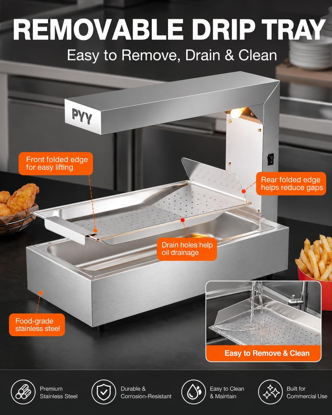PYY French Fry Warmer - Commercial Food Heat Lamp Food Warmer Light 122°F Free-Standing Warming Fry Dump Station Countertop Fries Warmer Commercial Food Warmer for Chips Churros Buffet Restaurant